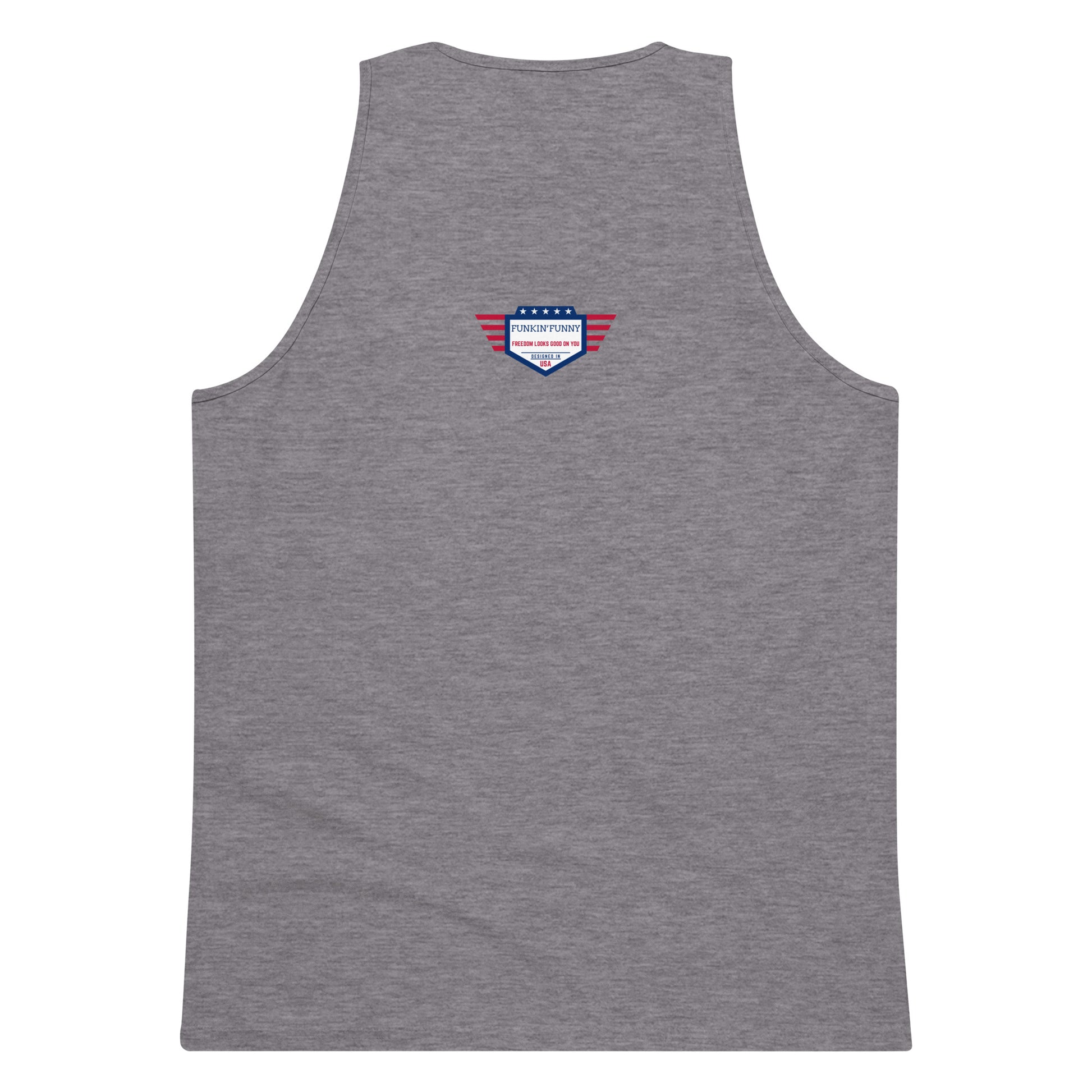 Back view of athletic heather gray tank top with small white USA flag shield badge — low-key patriotic flex