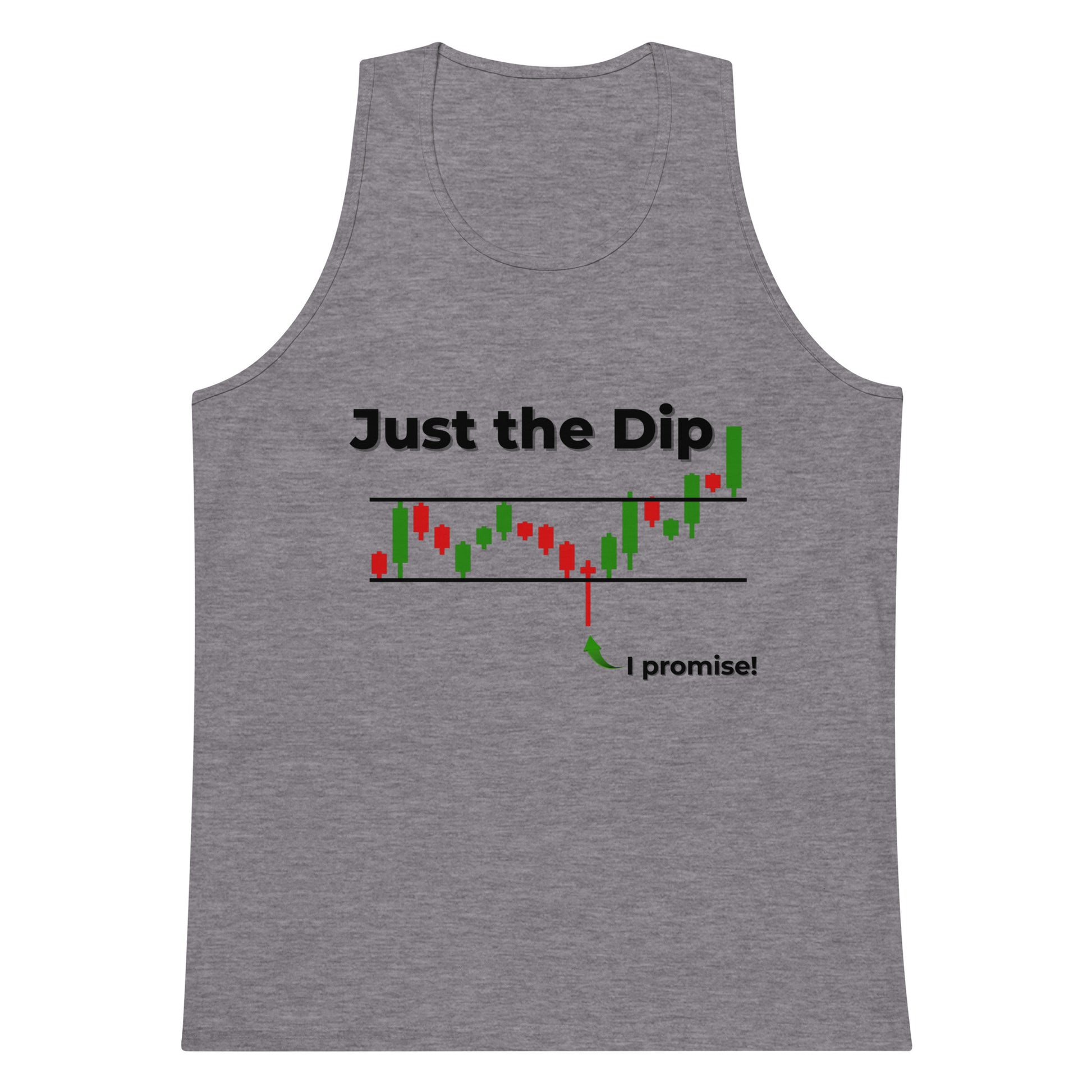 Front view of athletic heather gray "Just the Dip" tank top with bold black text, red/green candlesticks, and green "I promise!" dip arrow
