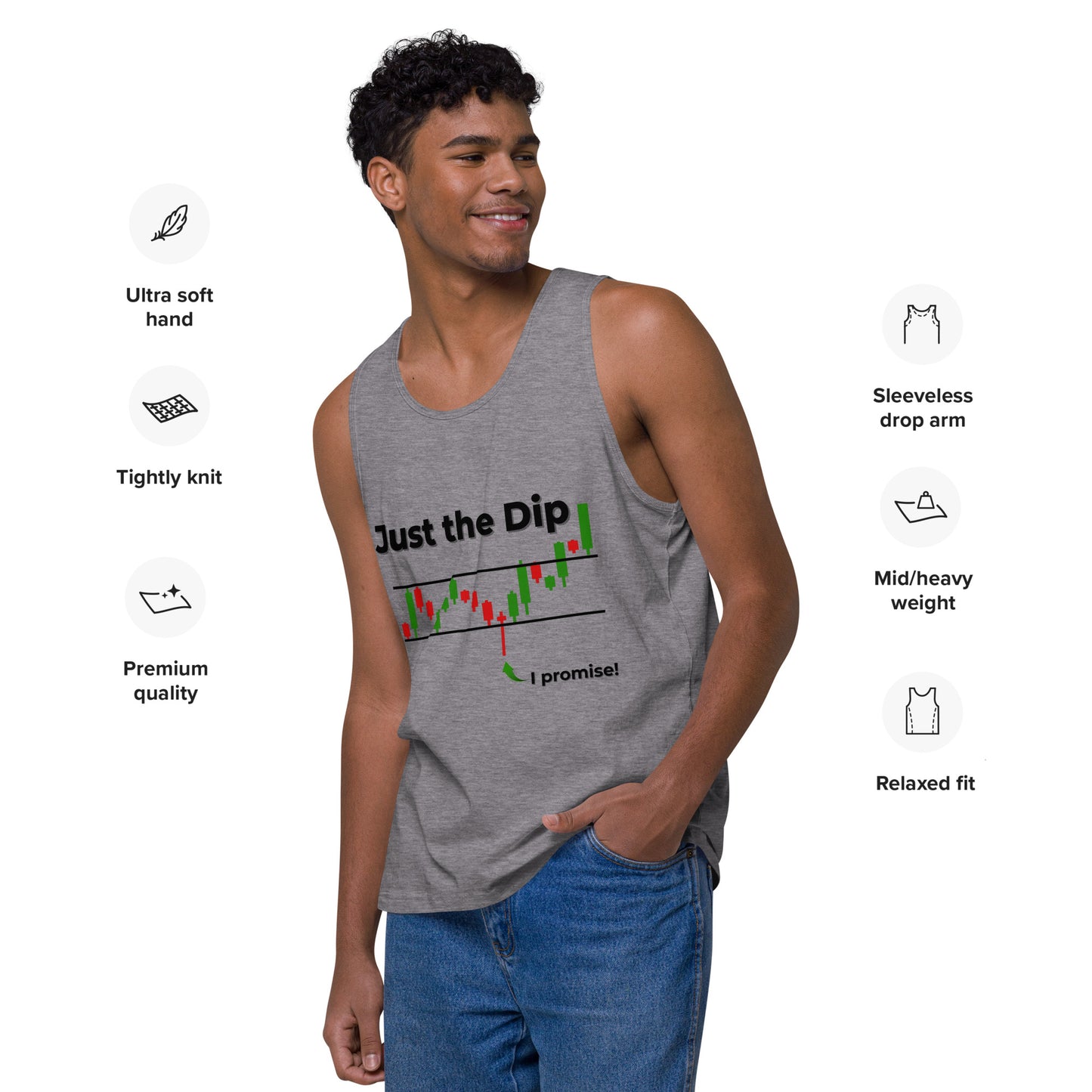 Side-front view of smiling model in athletic heather gray "Just the Dip I promise!" tank with candlesticks, plus soft/relaxed fit icons