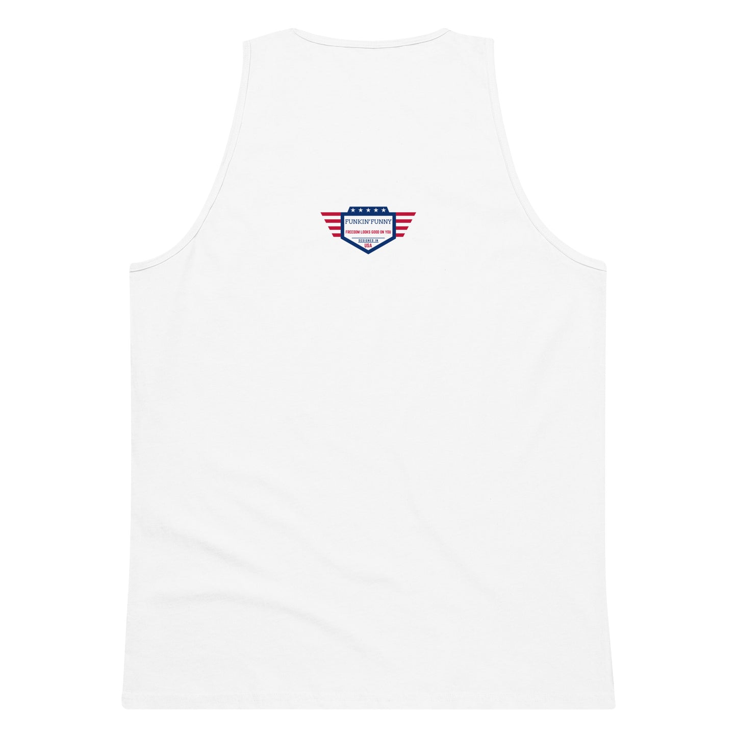 Back view of white tank top showing centered white USA flag shield emblem, keeping it simple