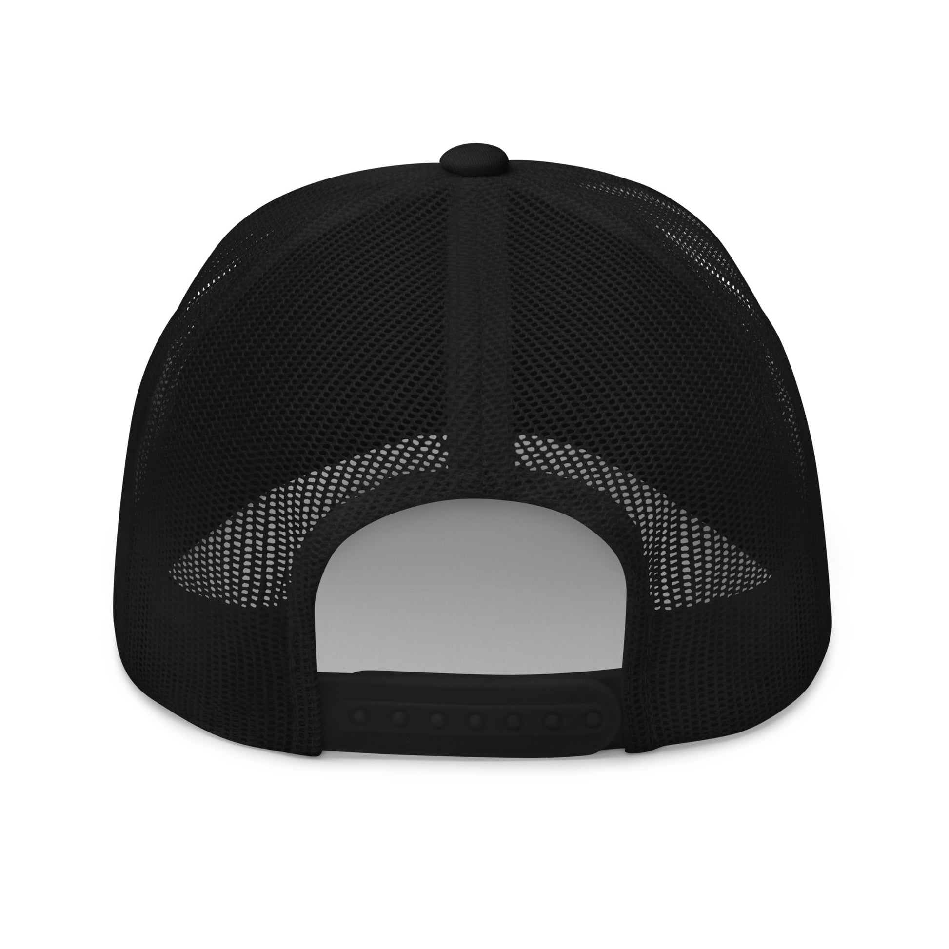 Back view of black mesh trucker cap with structured crown and adjustable snap closure