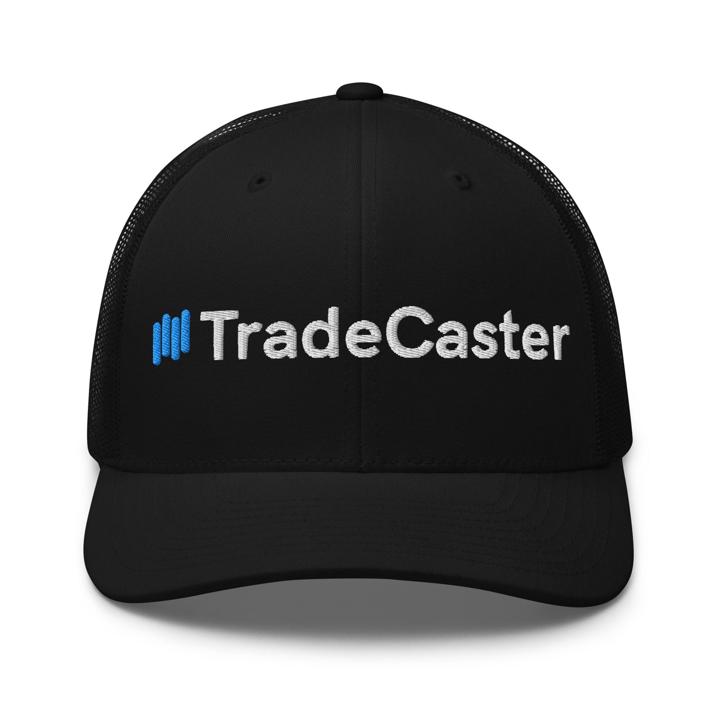 Front view of black trucker cap with 3D puff blue bars and white "||TradeCaster" embroidery, black mesh back