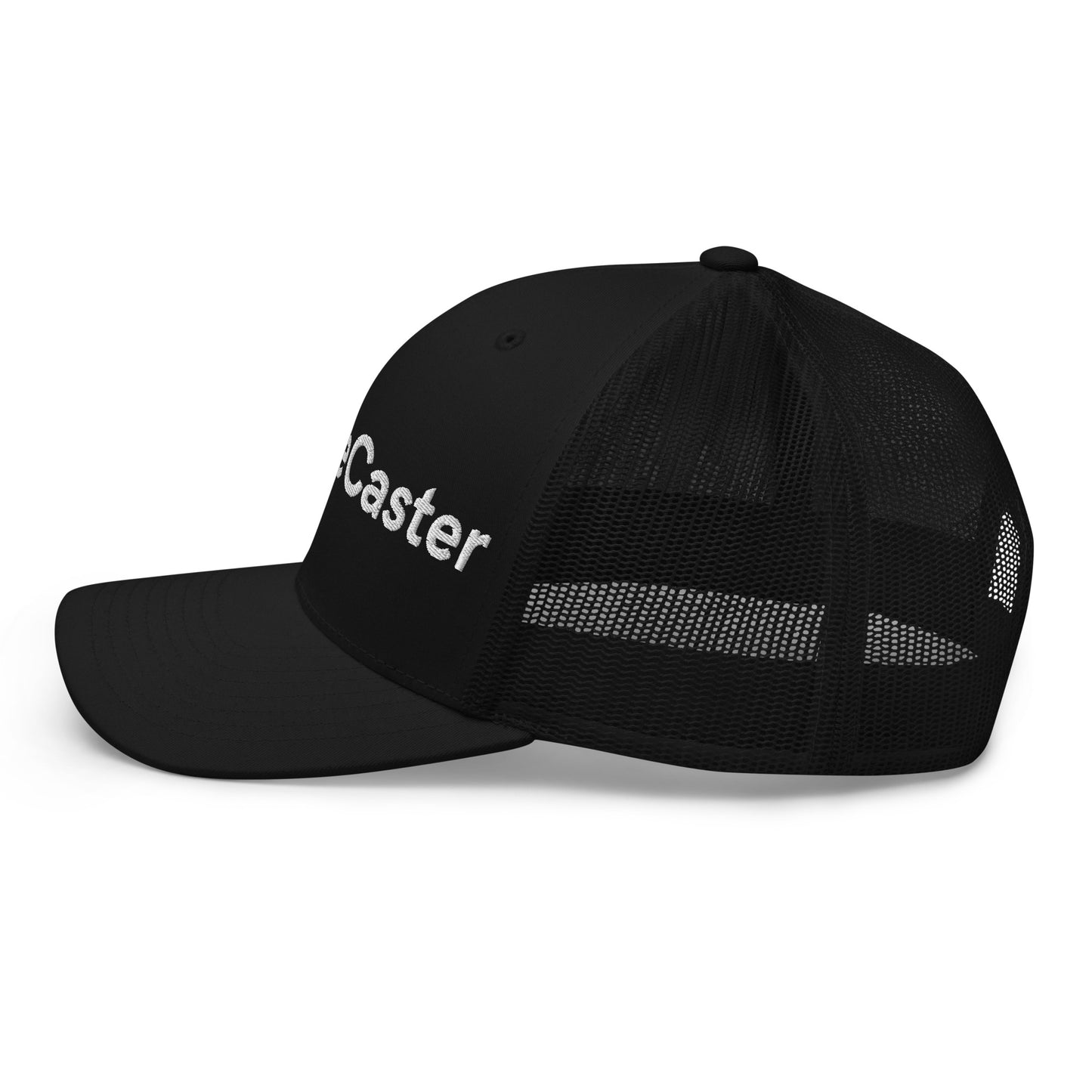 Right side view of black trucker cap, partial white "TradeCaster" puff embroidery visible