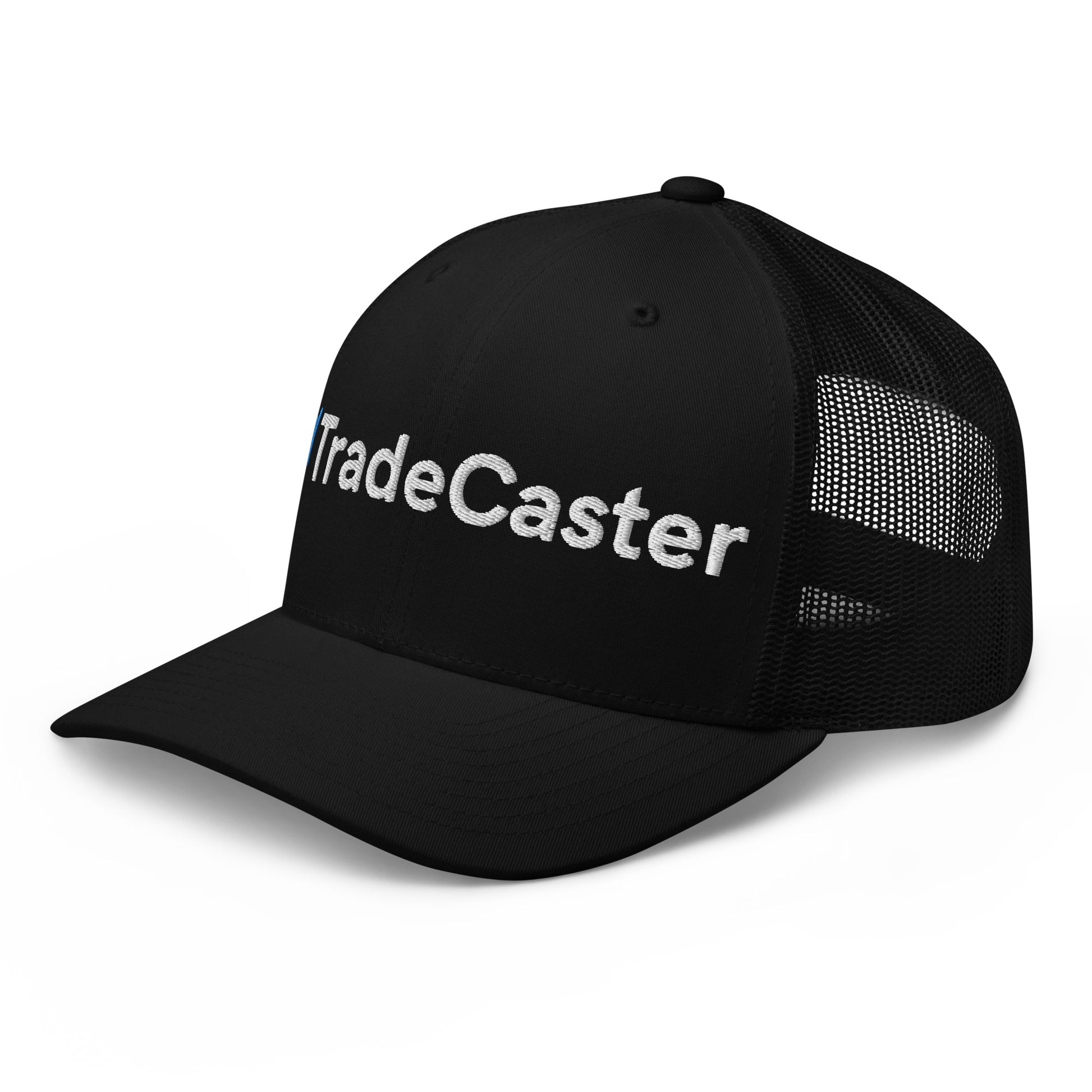 Left side angle of black trucker cap showing edge of white "Caster" puff embroidery, black mesh