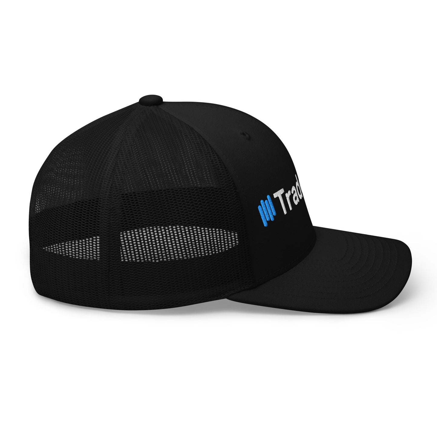 Angled front-right view of black trucker cap, full blue-and-white 3D puff "||TradeCaster" embroidery