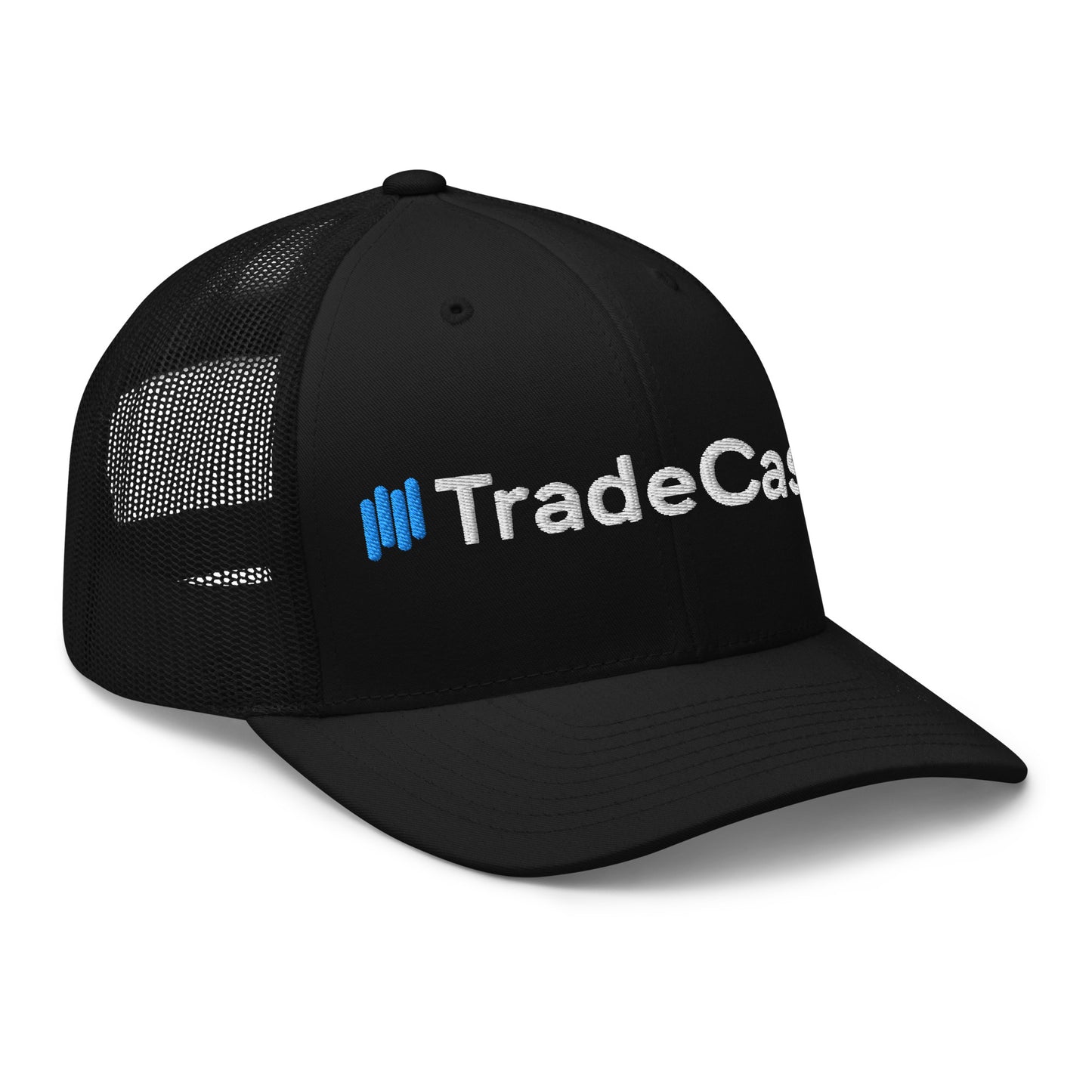 Front view of black TradeCaster trucker cap with white mesh back, blue bars and white embroidery popping