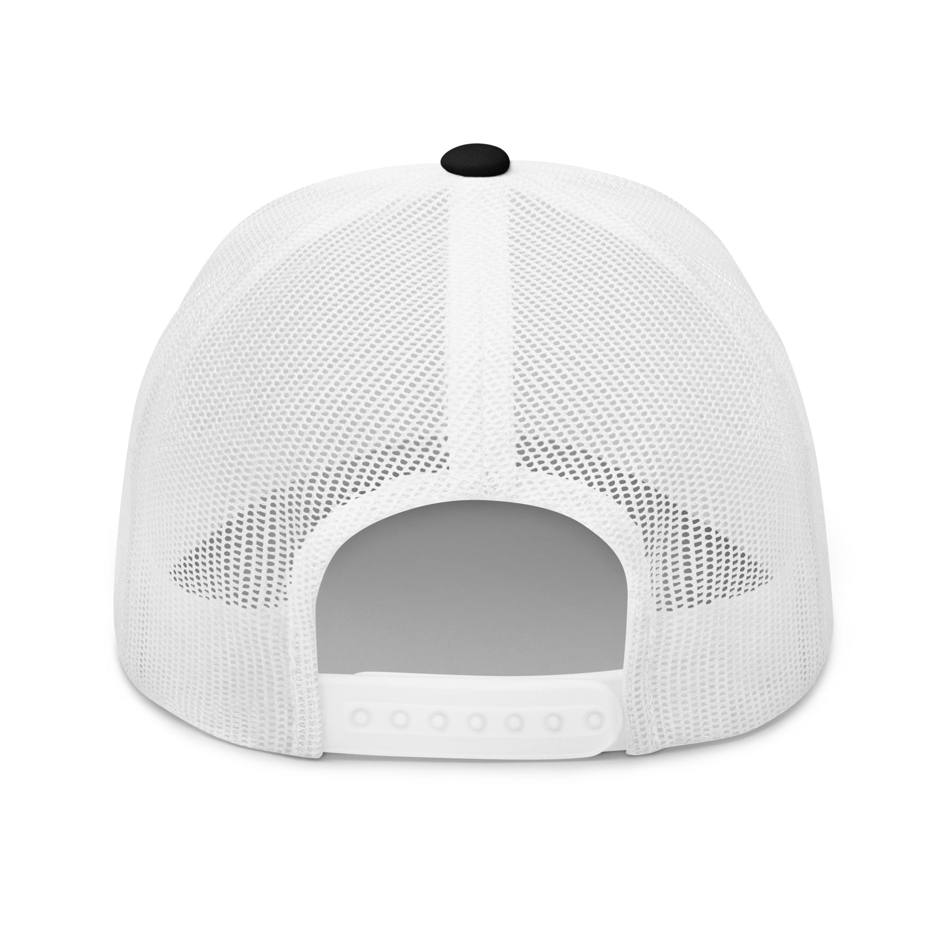 3/4 right view of black front white mesh TradeCaster trucker cap, curved visor ready to roll
