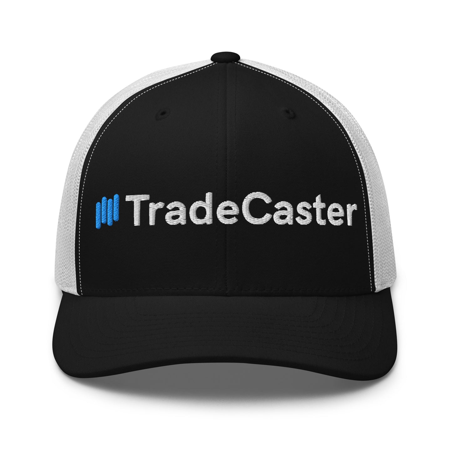 Back view of black/white TradeCaster trucker cap, breezy white mesh and plastic snap closure