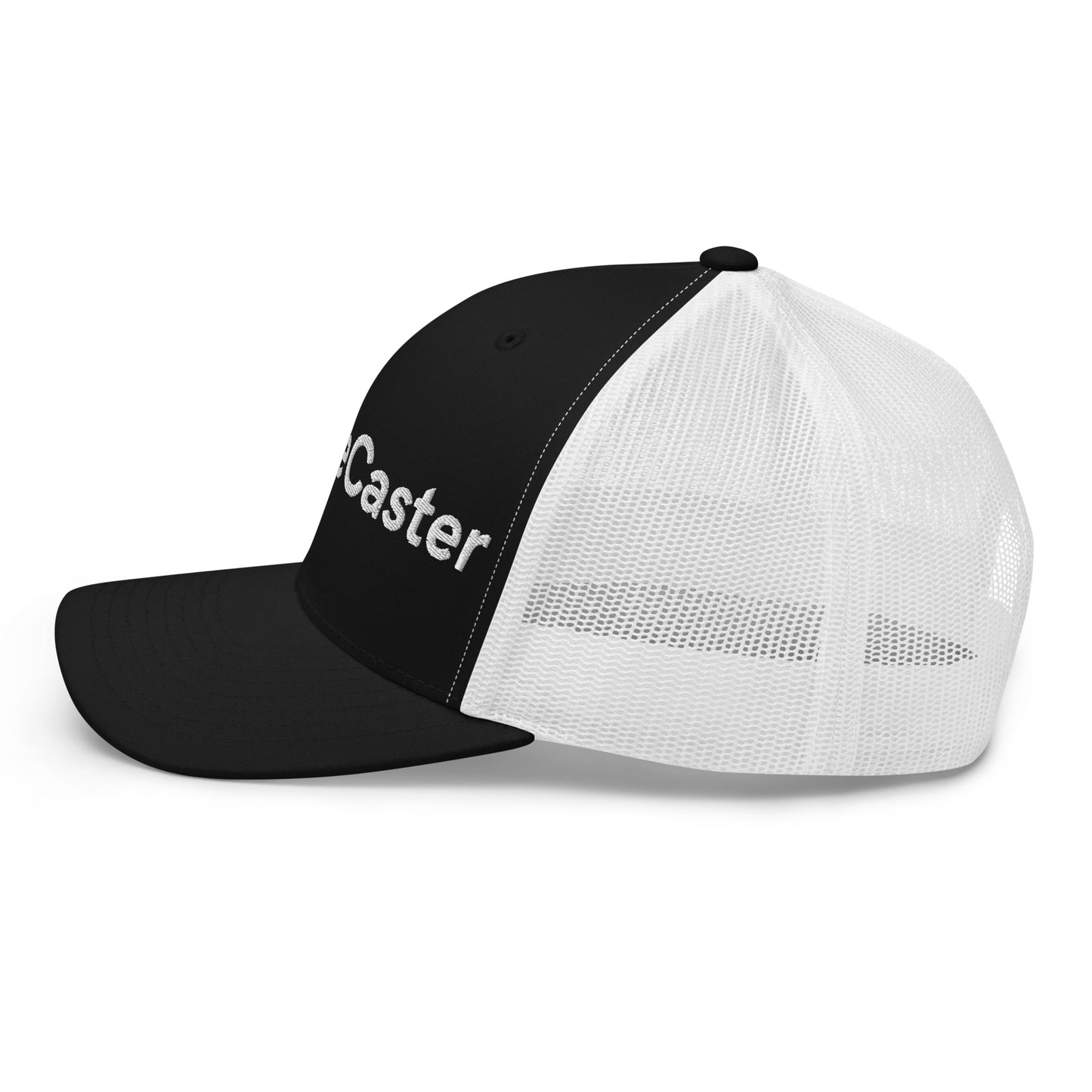 Right side profile of structured black TradeCaster trucker cap with white mesh back