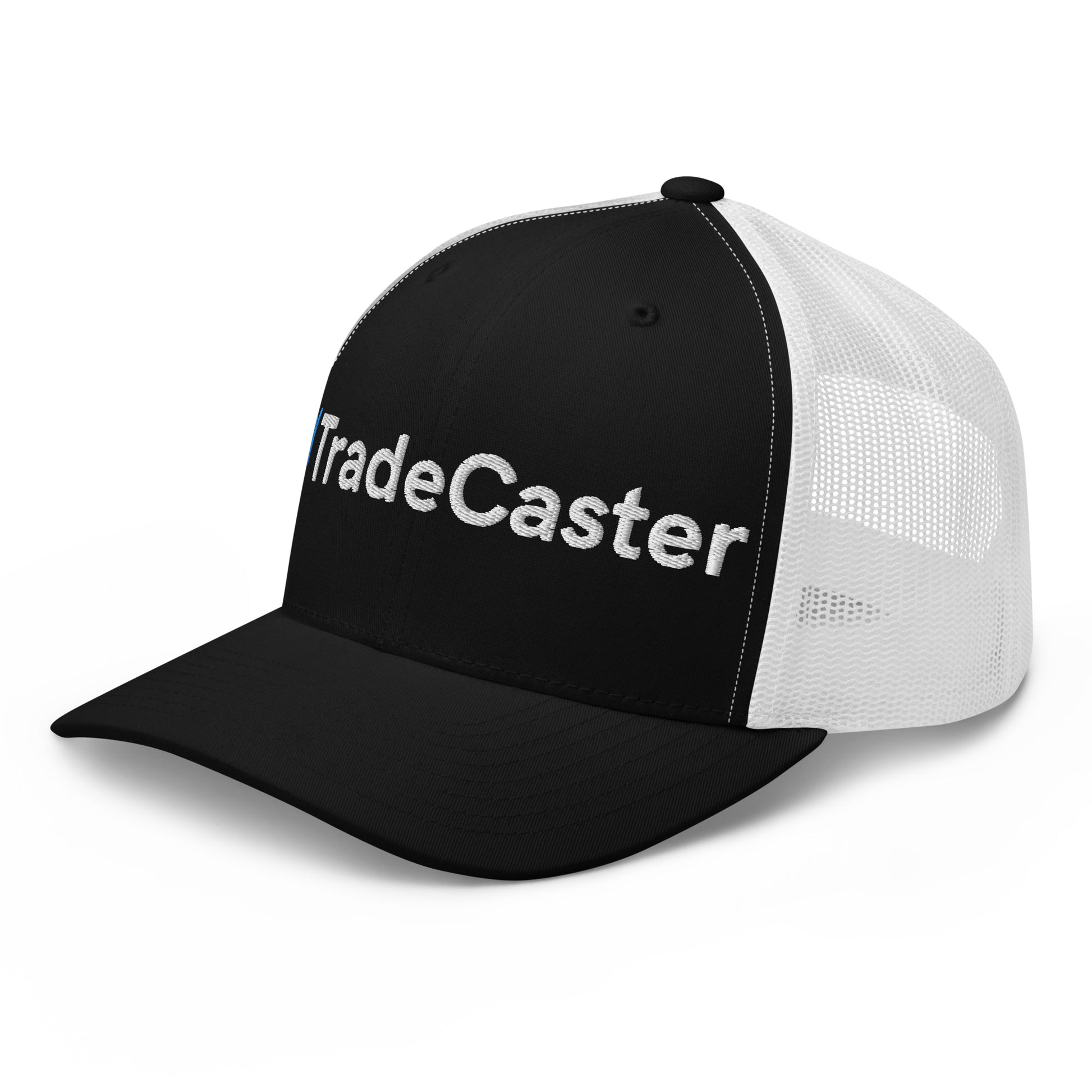 Angled front-left of black-front white-mesh trucker cap with full "||TradeCaster" 3D embroidery