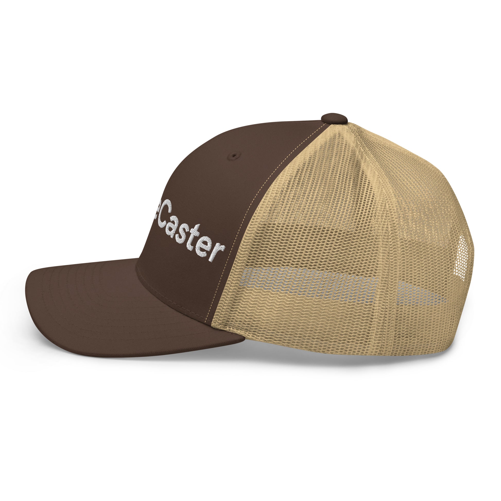 Back view of caramel TradeCaster trucker cap, khaki mesh panel and brown button