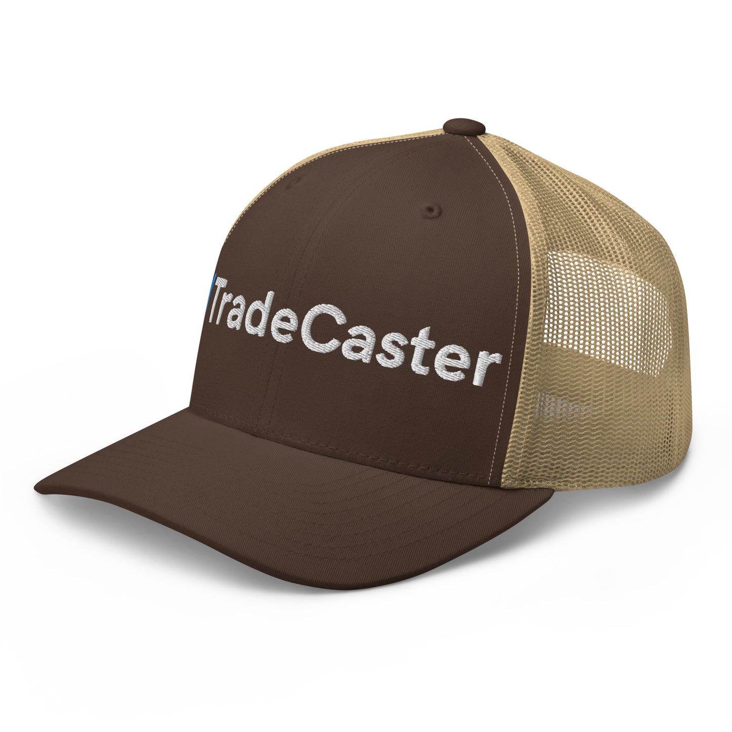 Side view of brown front tan mesh trucker cap with partial 3D puff "TradeCaster" embroidery