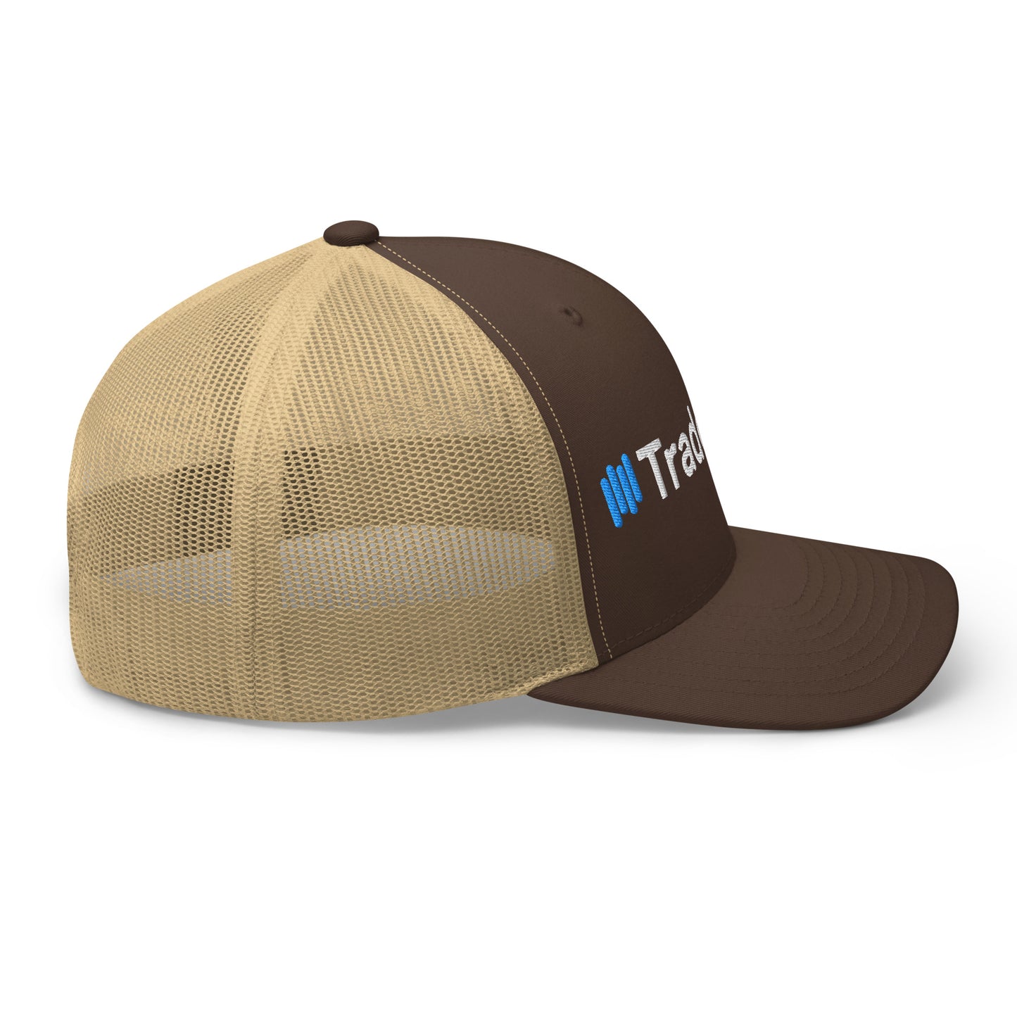 Angled front view of caramel TradeCaster trucker cap with khaki mesh back, blue/white logo