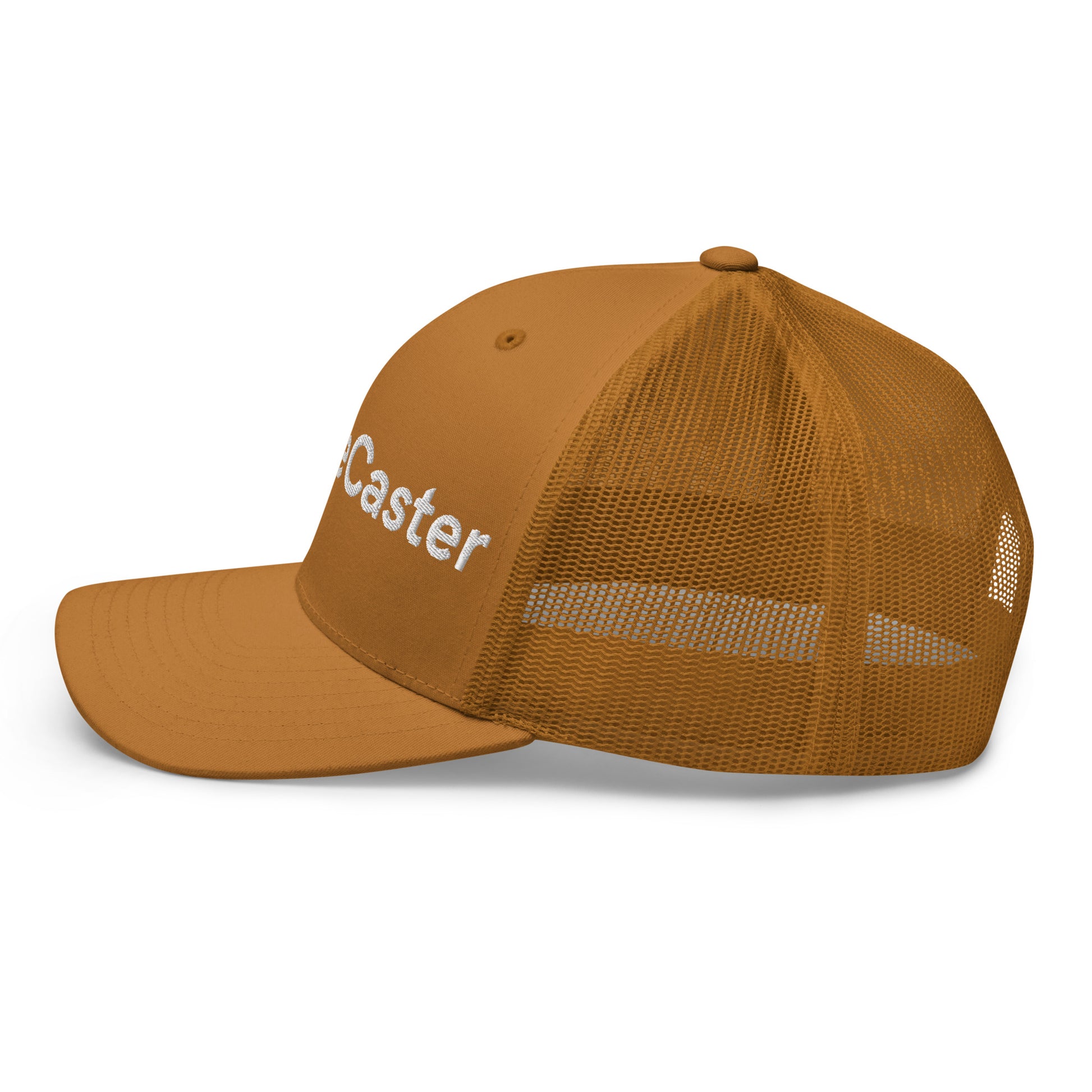 Front view of caramel TradeCaster trucker cap, 3D puff "||TradeCaster" in white with blue bars