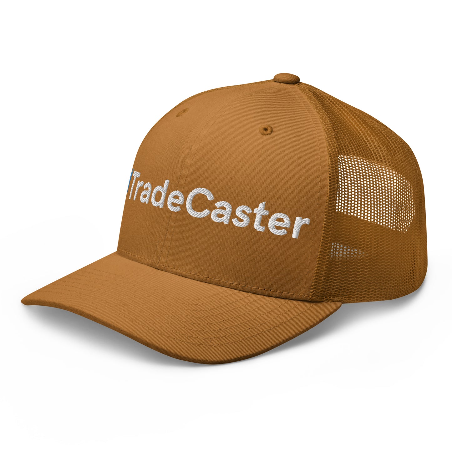 Back view of caramel mesh trucker cap, breathable panels and plastic snap closure