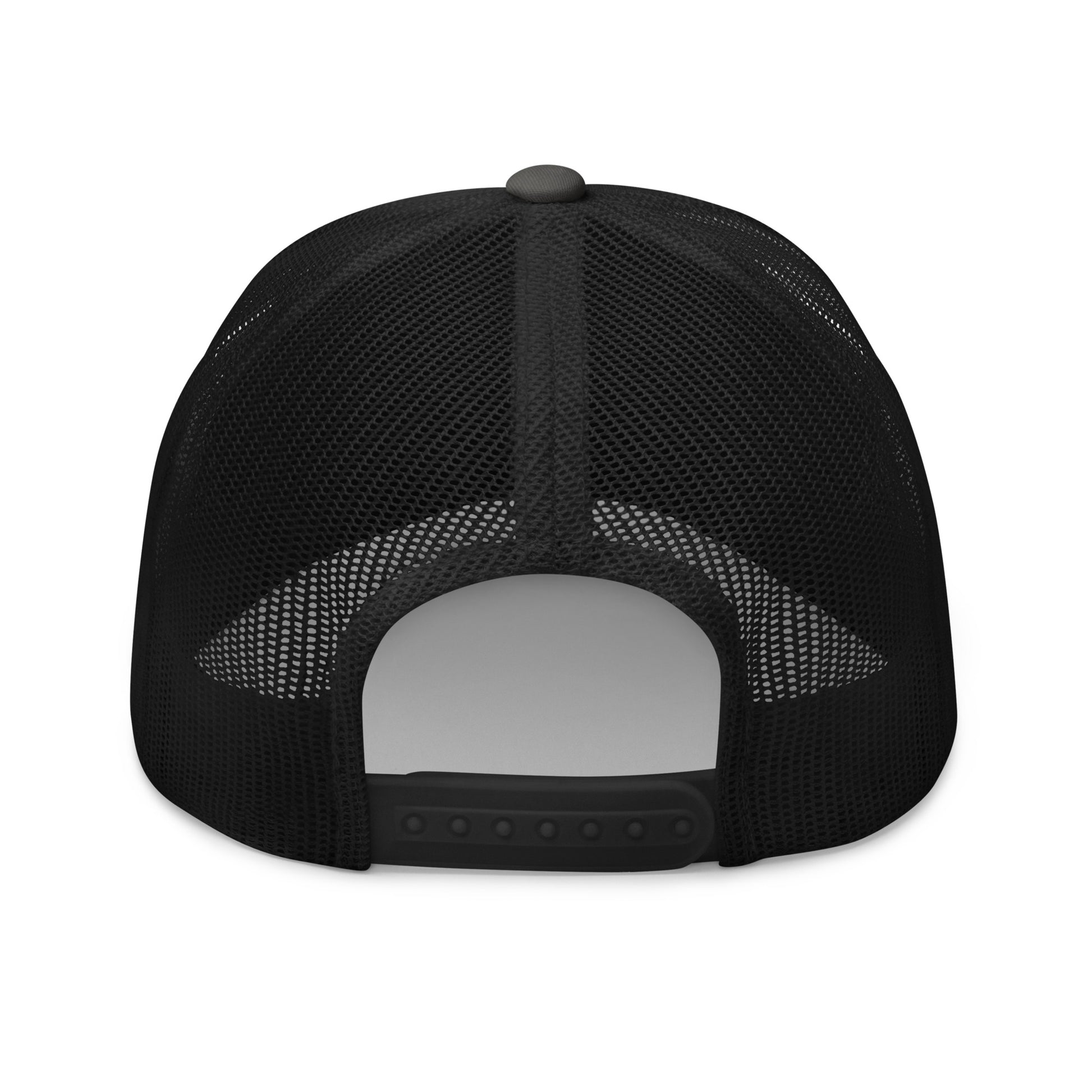 Back view of black mesh trucker cap, structured dark gray crown, adjustable snap closure, clean and breezy