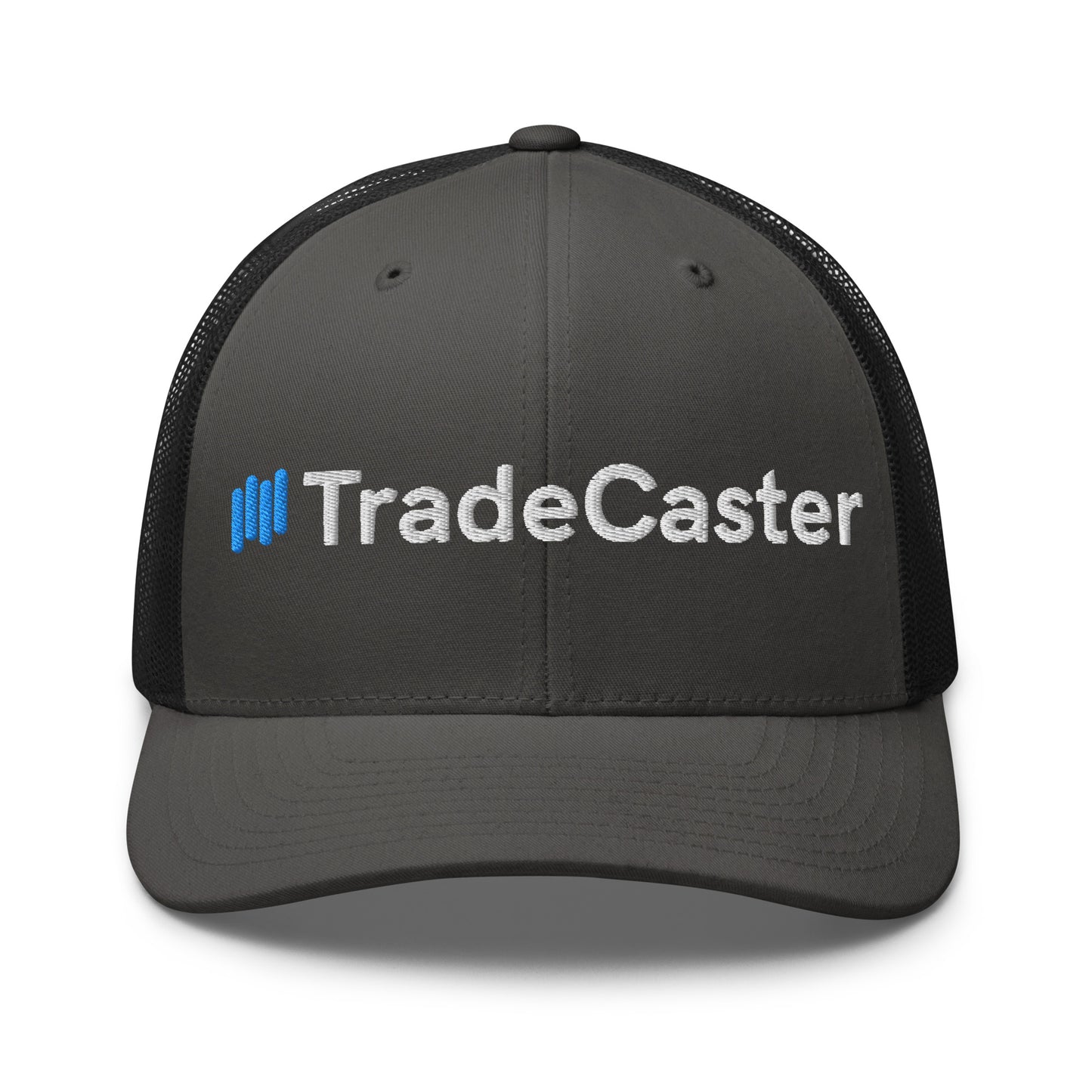 Right side of dark gray TradeCaster trucker cap, "Caster" embroidery over black mesh breather