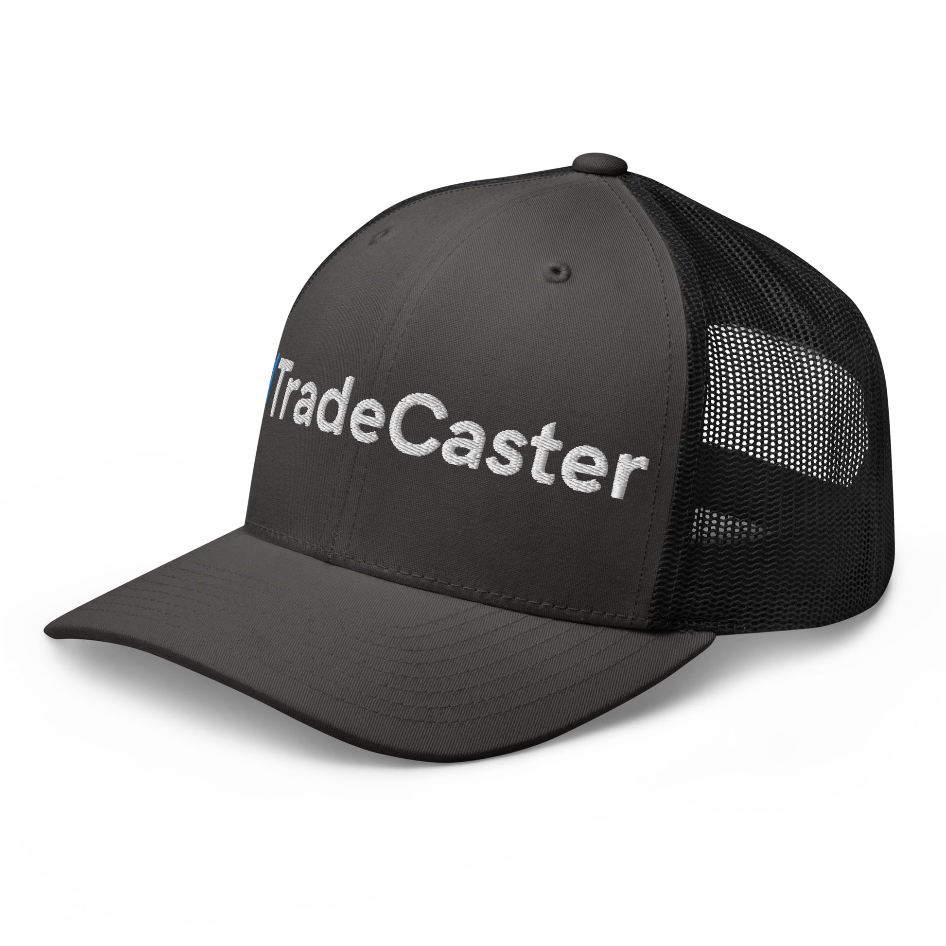 Right profile view of gray and black TradeCaster cap, partial "Trade" embroidery slinging vibes