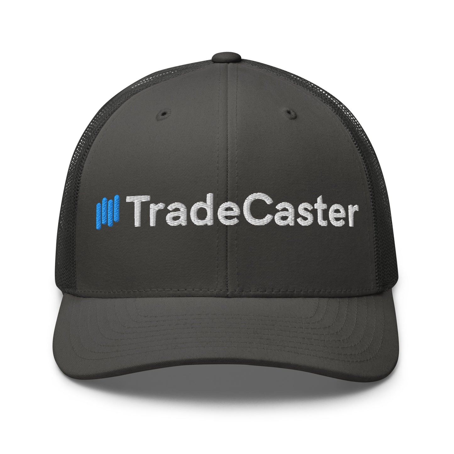 Left side profile of dark gray trucker cap, "Caster" 3D puff embroidery, black mesh back, curved visor