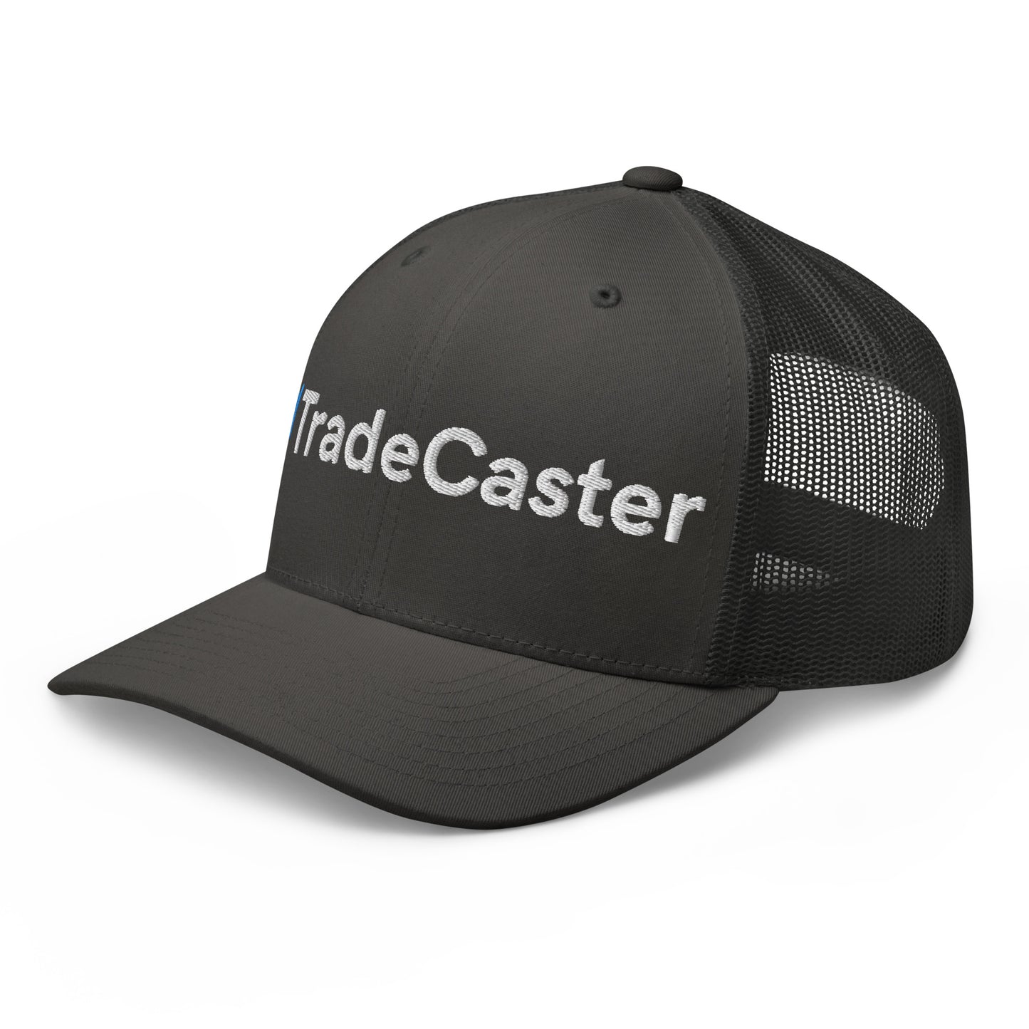 Rear view of trucker cap, full black mesh panels, dark gray structured crown, plastic snapback closure