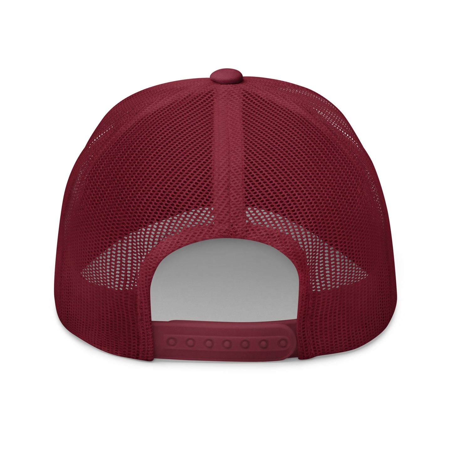 Back view of burgundy trucker cap, structured mesh panels, white snap closure area, no embroidery