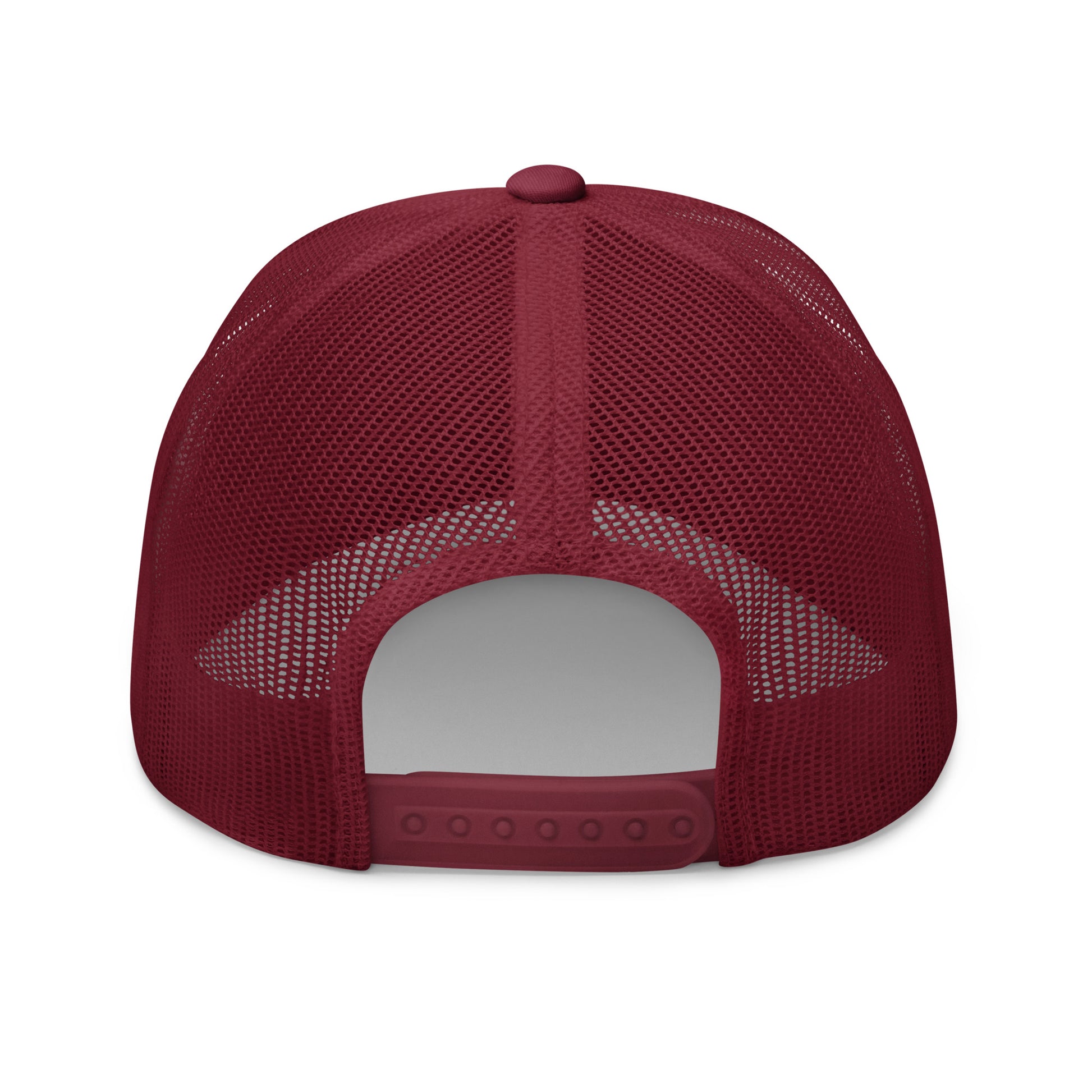 Back view of burgundy trucker cap, structured mesh panels, white snap closure area, no embroidery