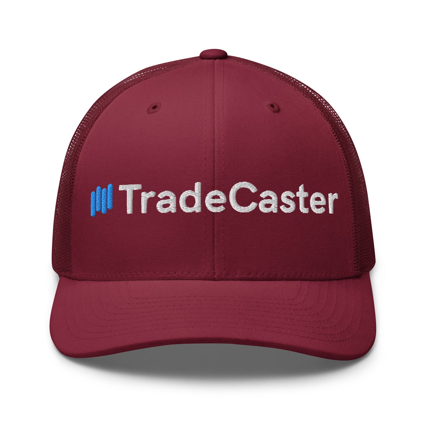 Front view of burgundy trucker cap with 3D puff "||TradeCaster" embroidery—blue bars, white text, mesh back peeking