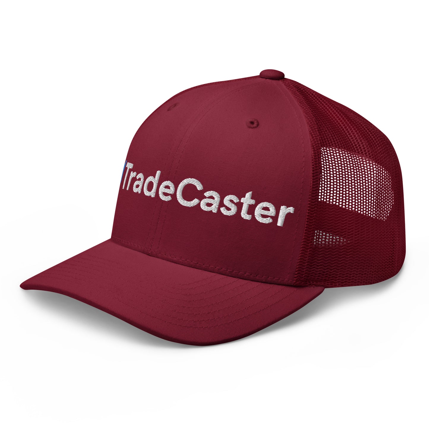 Right side profile of burgundy trucker cap, curved visor, partial "Caster" white 3D puff embroidery, mesh side