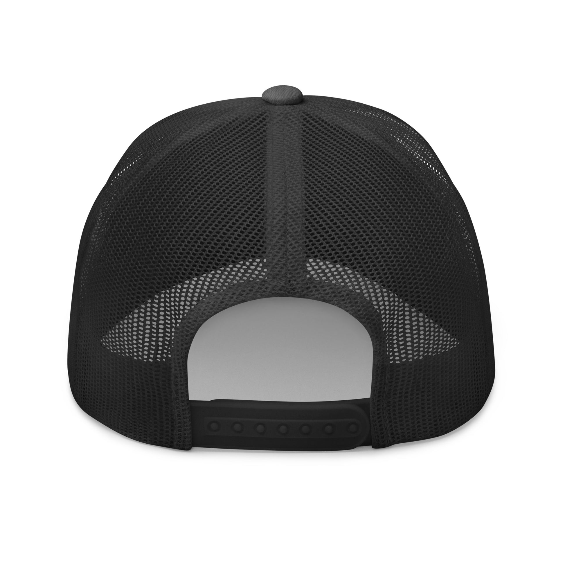 Back view of black mesh trucker cap with gray top button and adjustable snap closure
