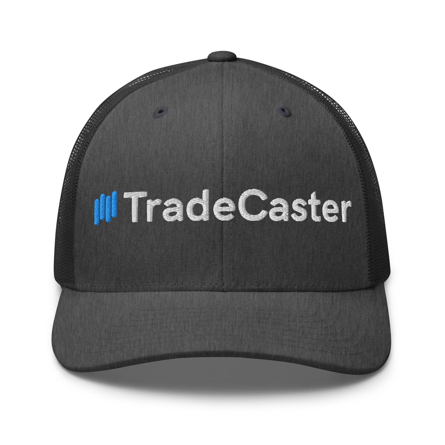 Front view of dark heather gray TradeCaster trucker cap, white "||TradeCaster" embroidery with blue bars, black mesh back