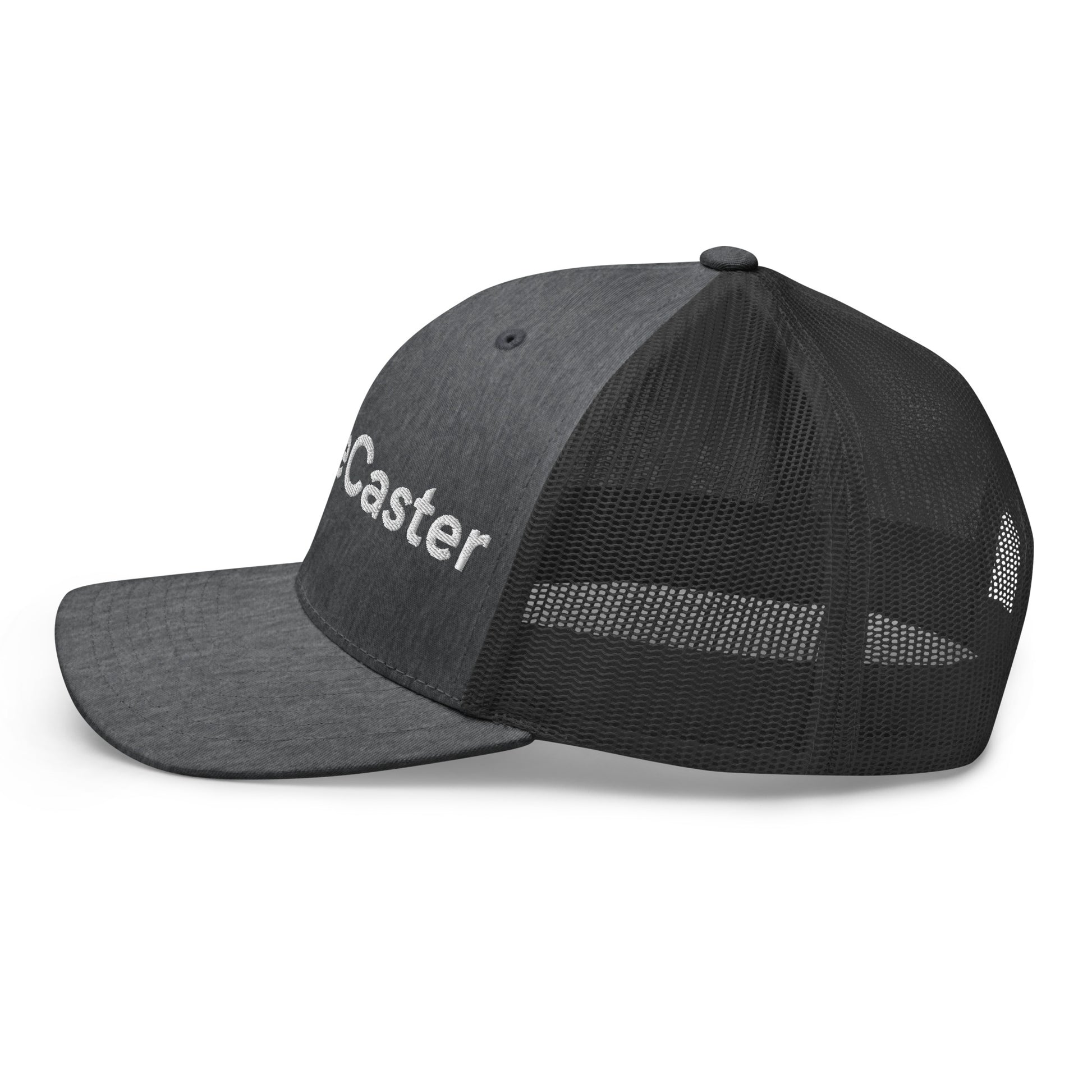 Side angle of heather gray/black TradeCaster trucker cap with partial 3D puff "TradeCaster" embroidery