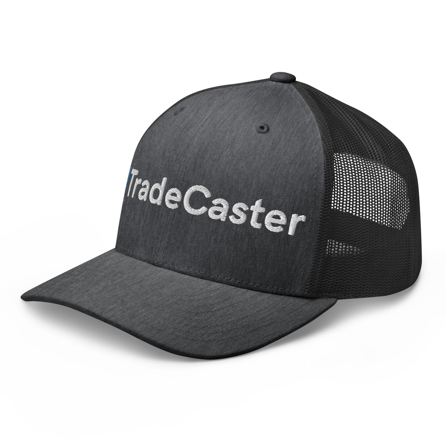 Angled front-right view of gray/black TradeCaster cap, white 3D puff "||TradeCaster" embroidery