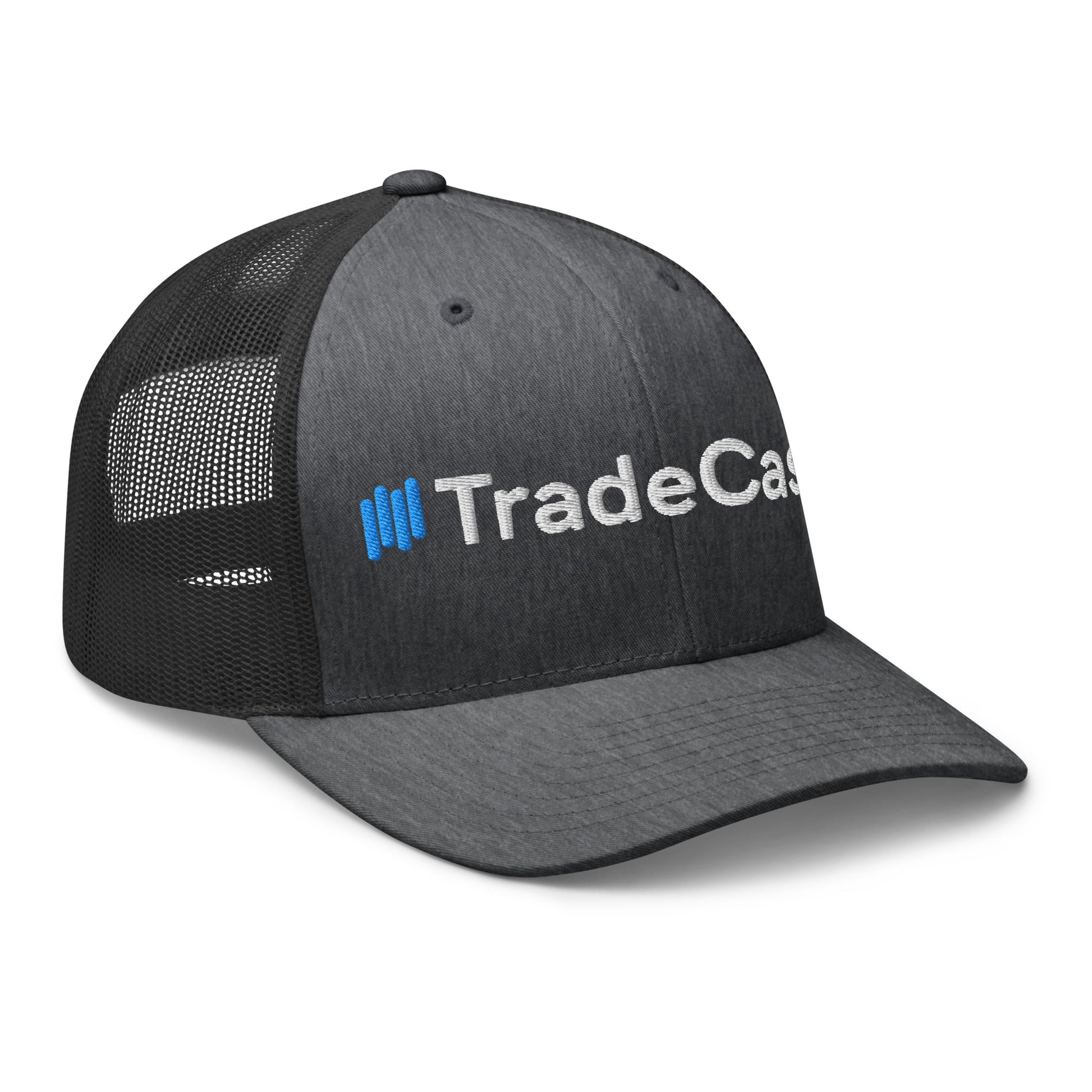 Side angle of gray/black TradeCaster trucker cap with 3D puff "||TradeCaster" embroidery detail