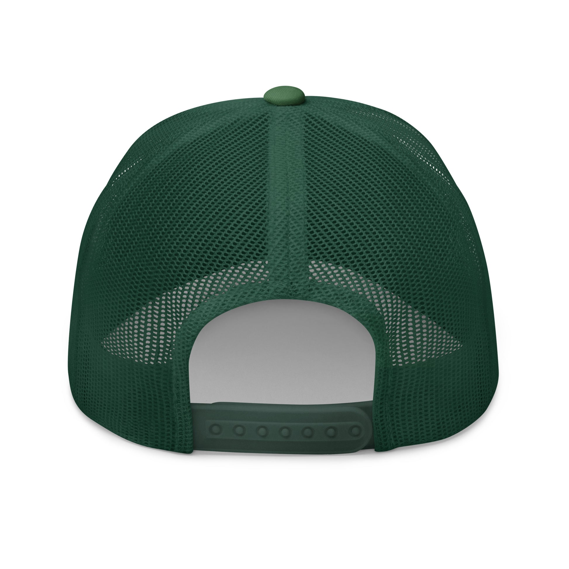 Back view of evergreen trucker cap showing breathable mesh, dark strap, and plastic snap closure for easy adjust
