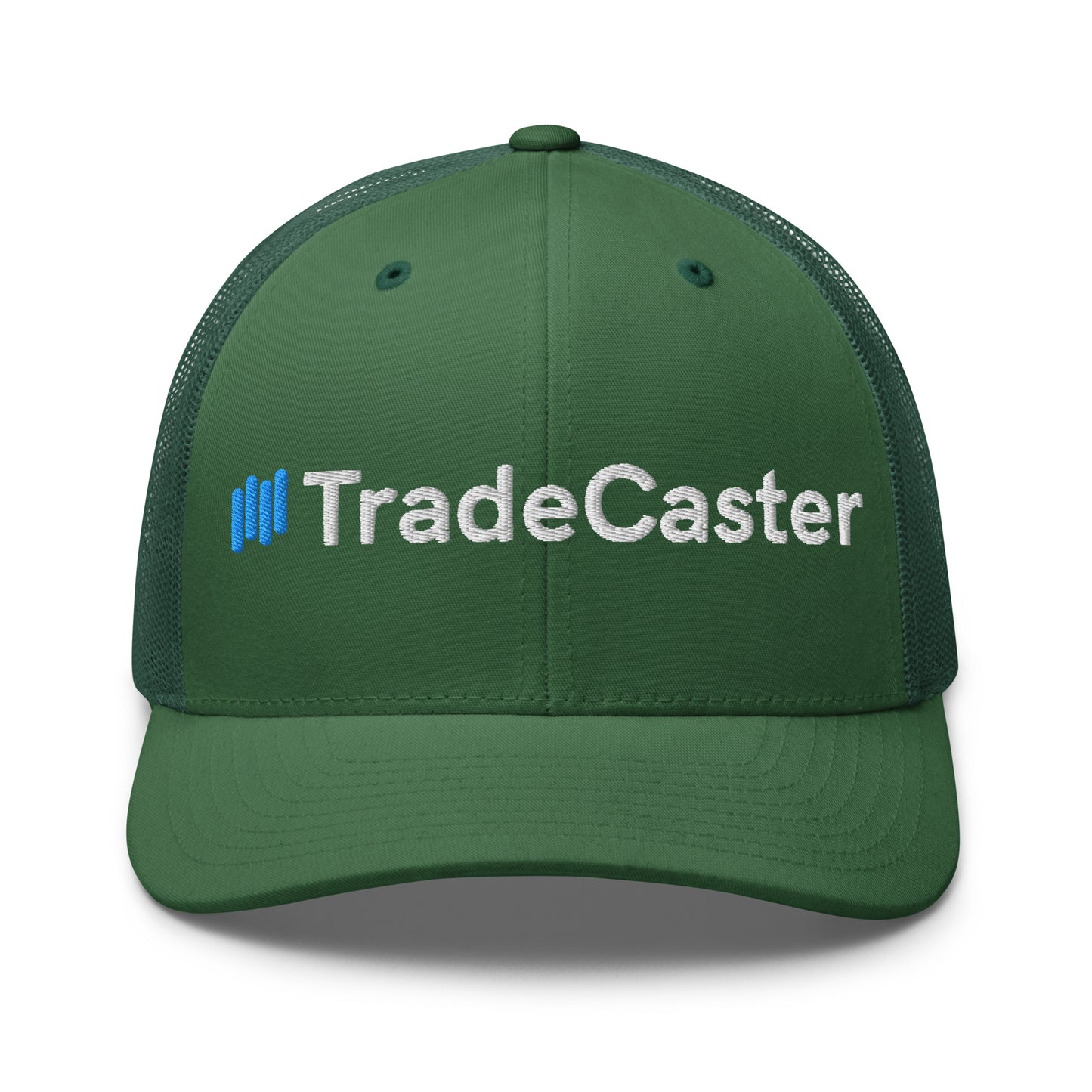 Front view of evergreen TradeCaster trucker cap with white "||TradeCaster" embroidery accented in blue bars on structured green panels
