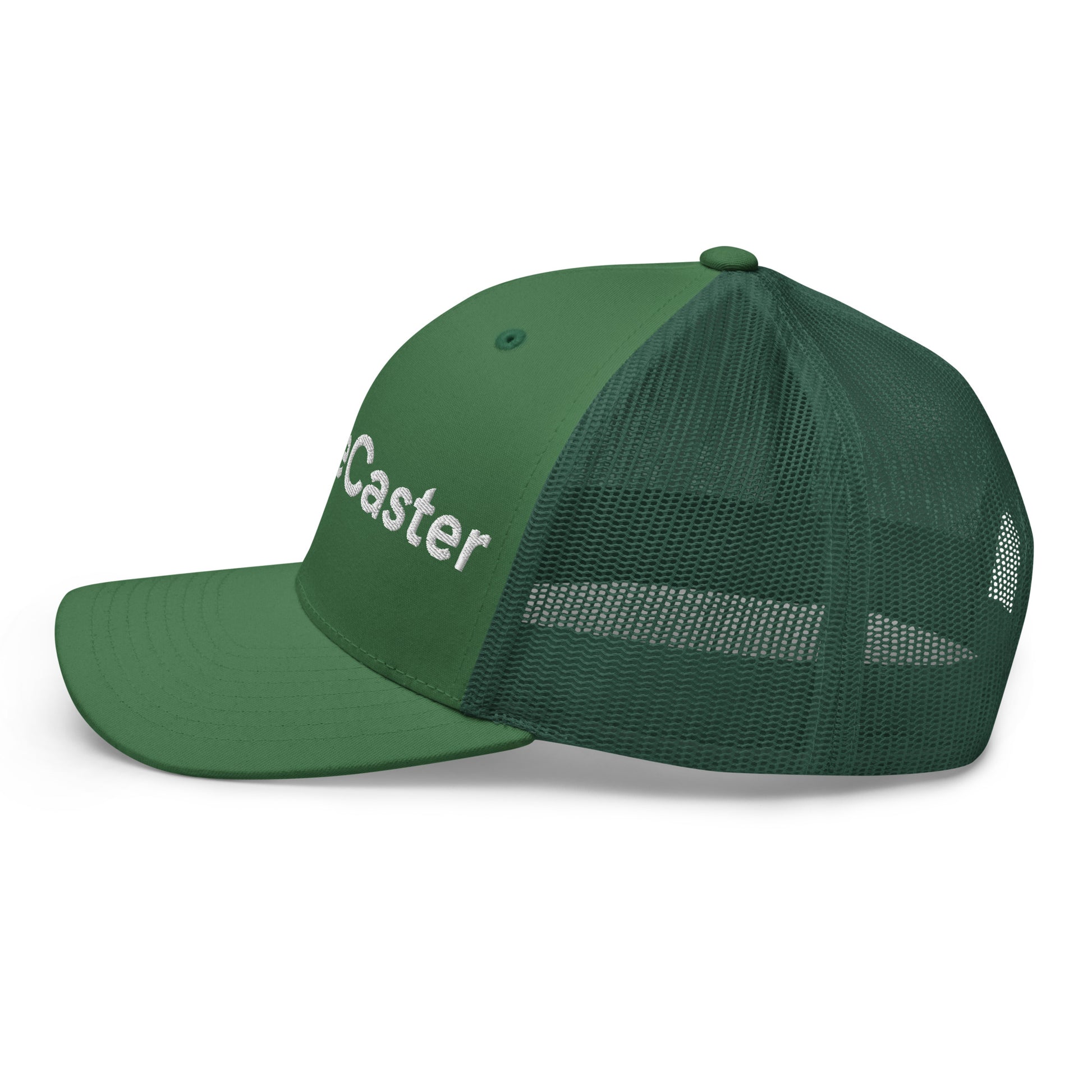 Right side view of evergreen TradeCaster trucker cap, partial white "TradeCaster" embroidery on green front, mesh back