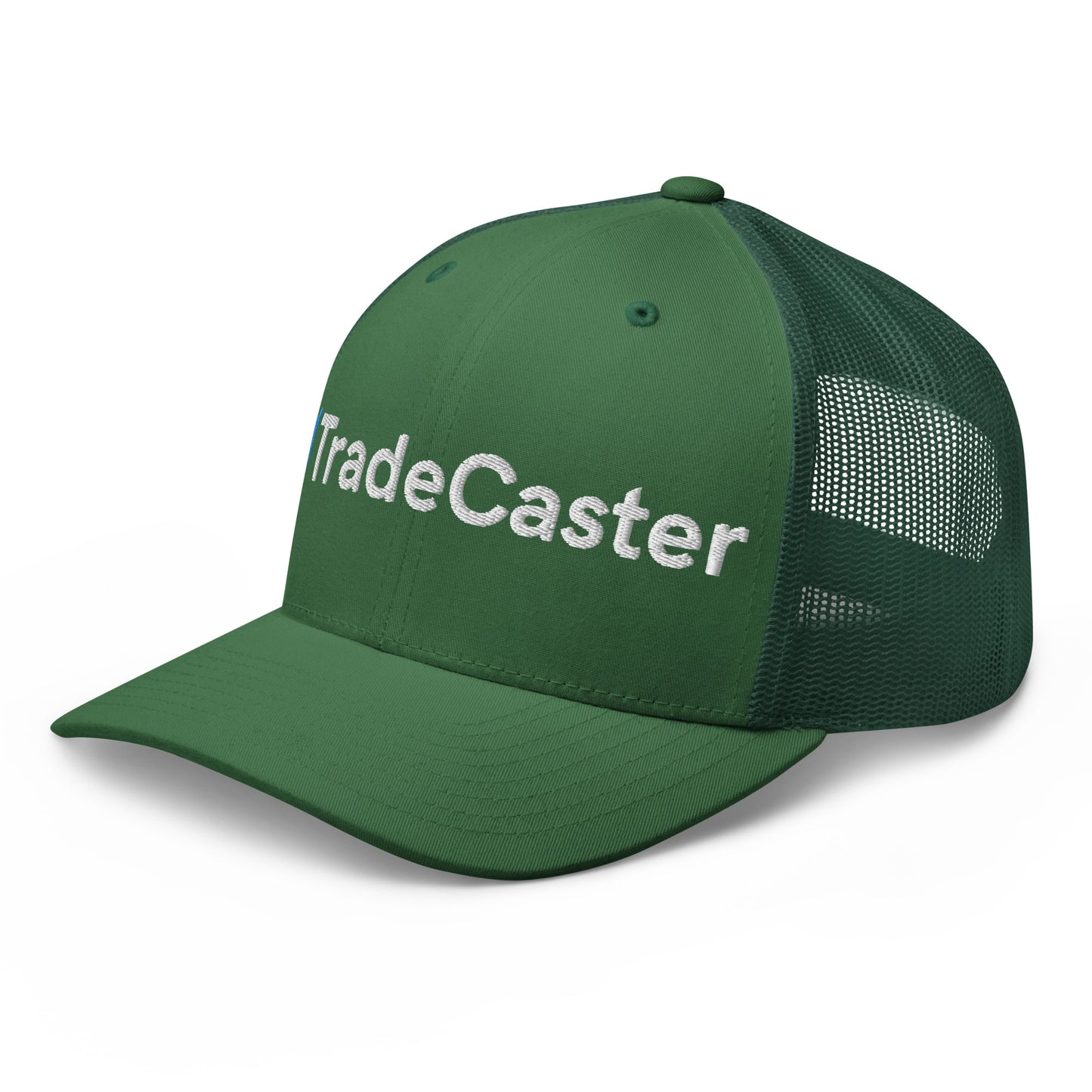 Right side view of evergreen trucker cap with structured crown, curved visor, mesh back