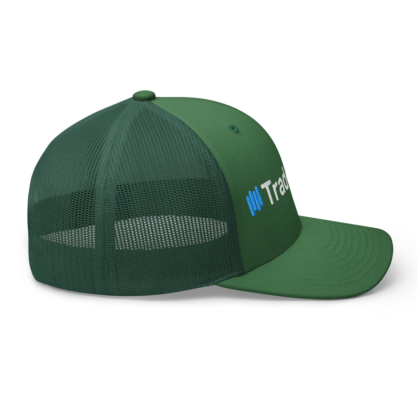 Angled front-right view of green TradeCaster cap, bold white embroidery with blue bars popping on the panels