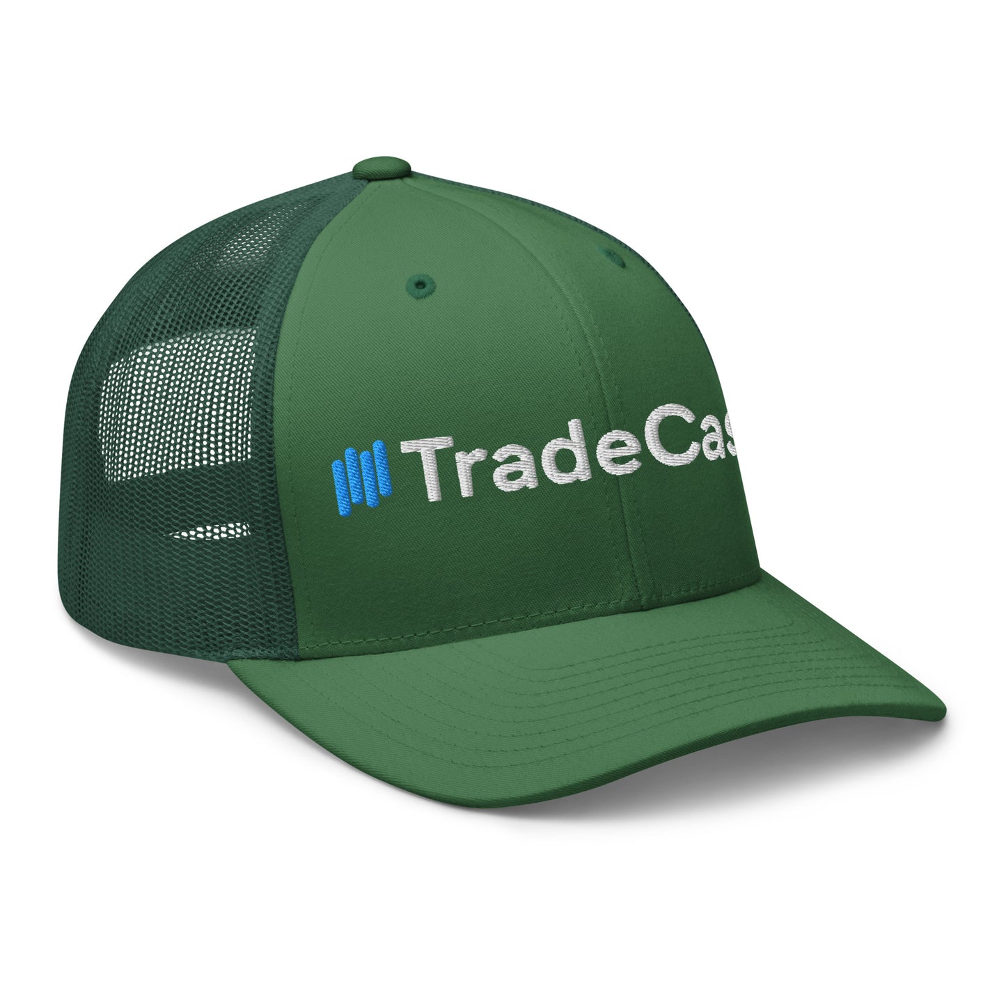 Side profile of evergreen trucker cap highlighting mid-profile crown, Permacurv visor, and mesh back breeze