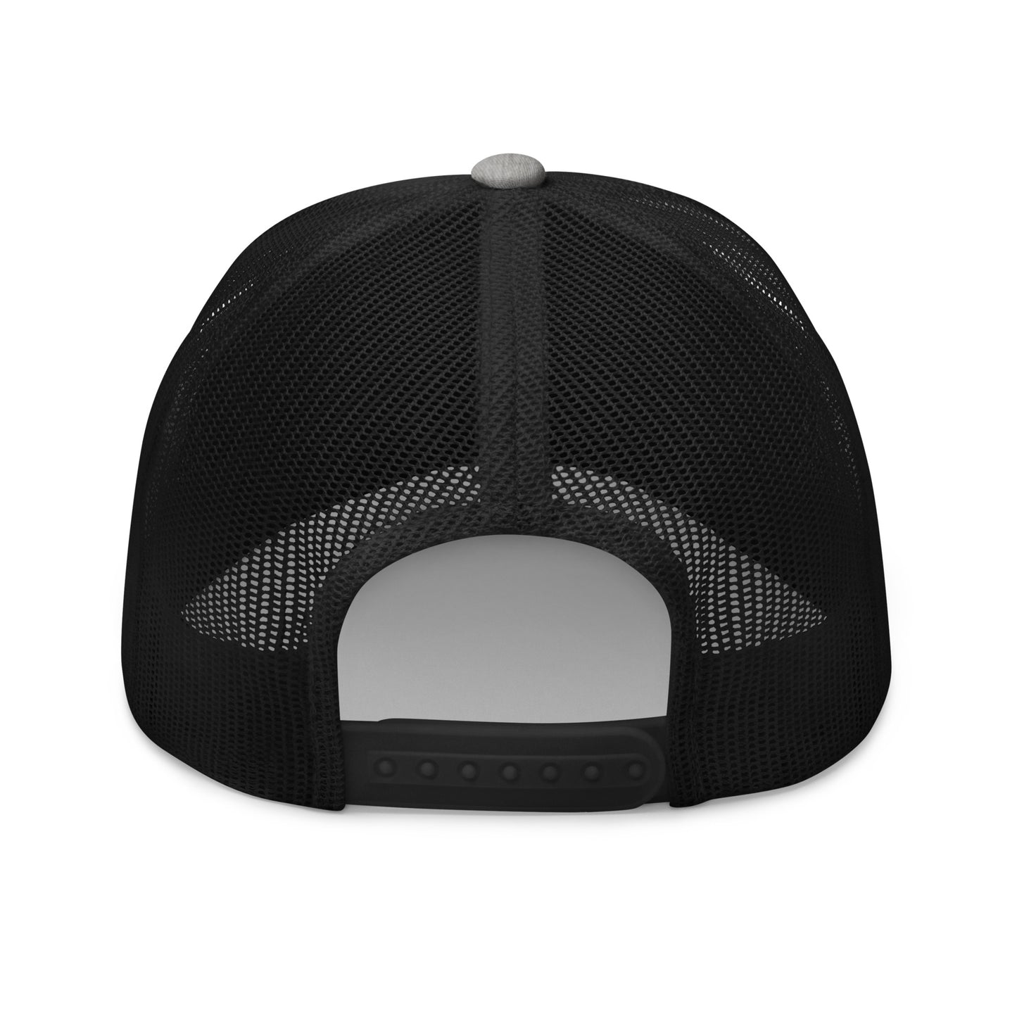 Back view of heather gray/black trucker cap, black mesh panels and adjustable snap closure on clean white background