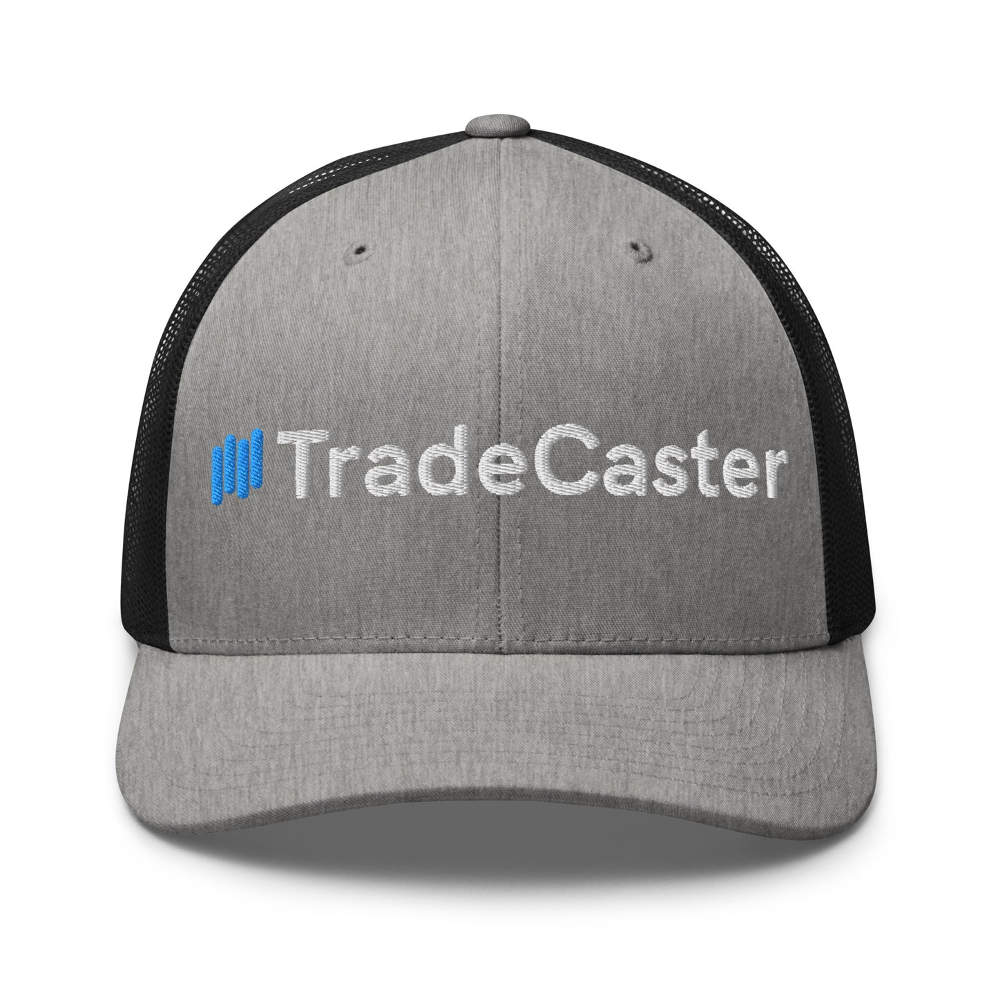 Front view of Dark Heather Gray TradeCaster trucker cap with white "||TradeCaster" embroidery accented in blue