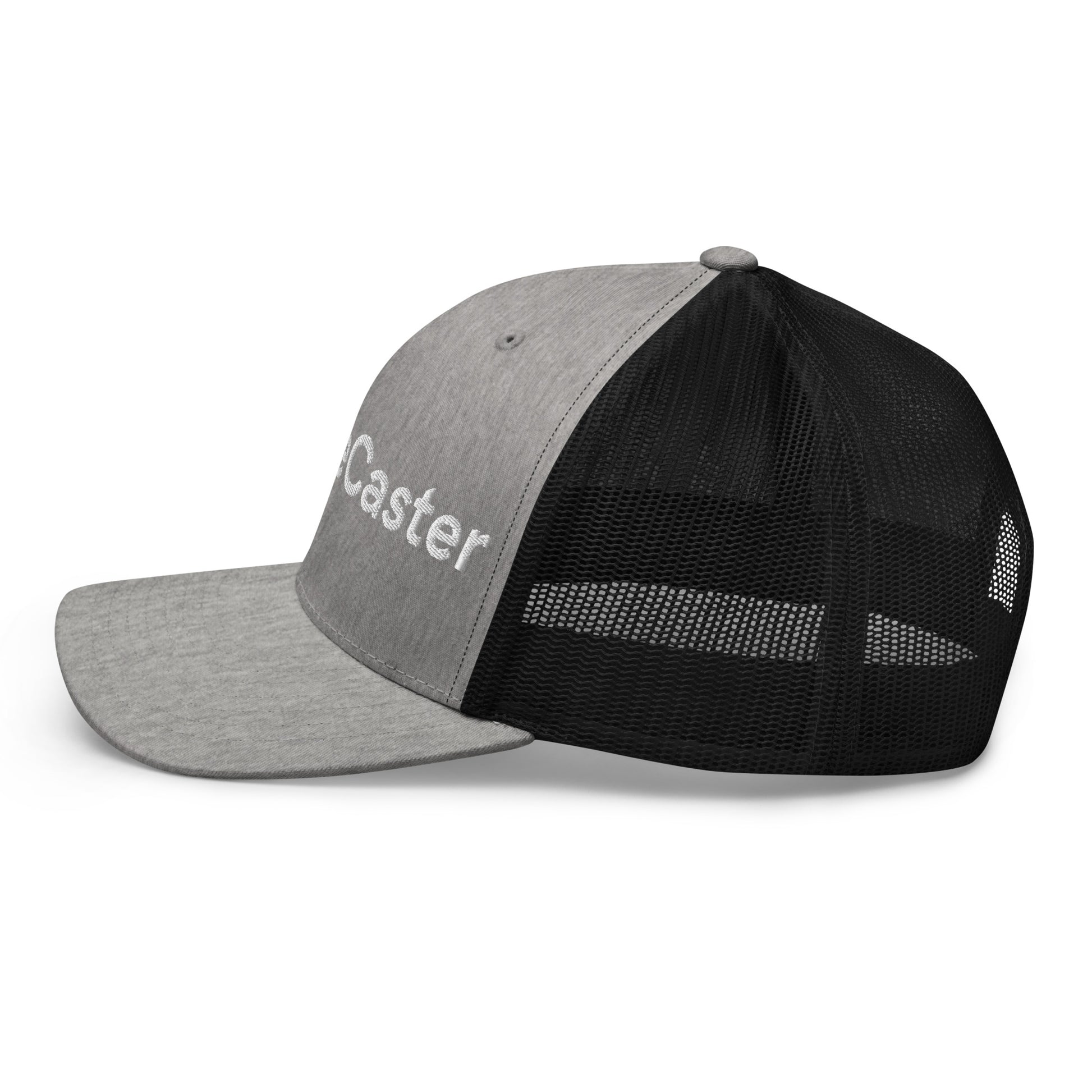 Right side view of Dark Heather Gray TradeCaster trucker, black mesh back meets curved visor