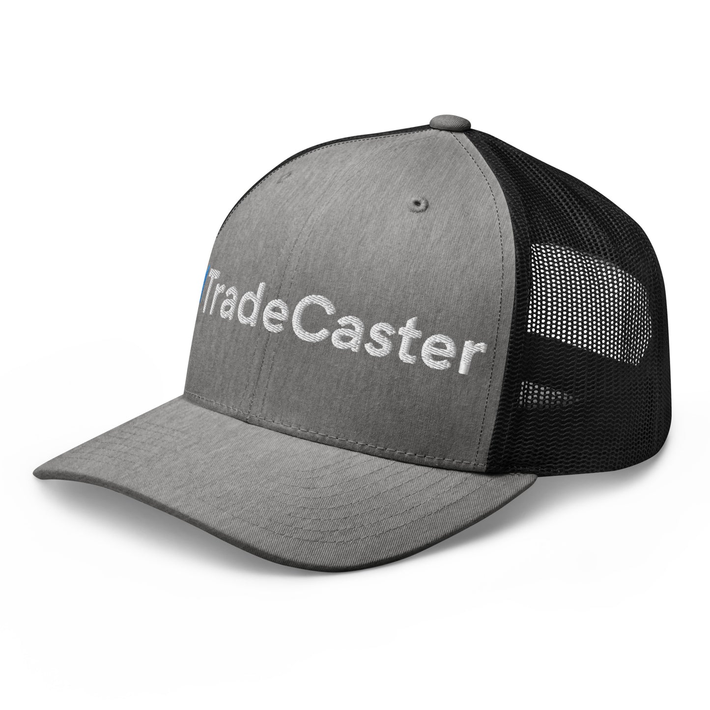 Left side angle of heather gray/black TradeCaster trucker, partial 3D puff "TradeCaster" embroidery visible