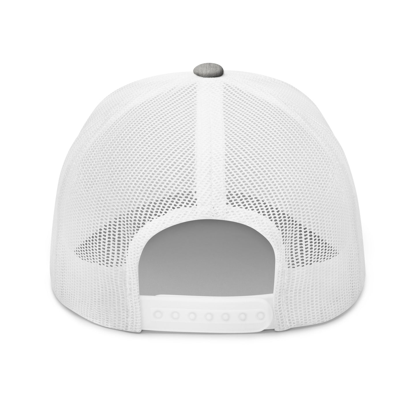 Back view of heather gray/white trucker cap, white mesh for breathable vibes and snap adjuster