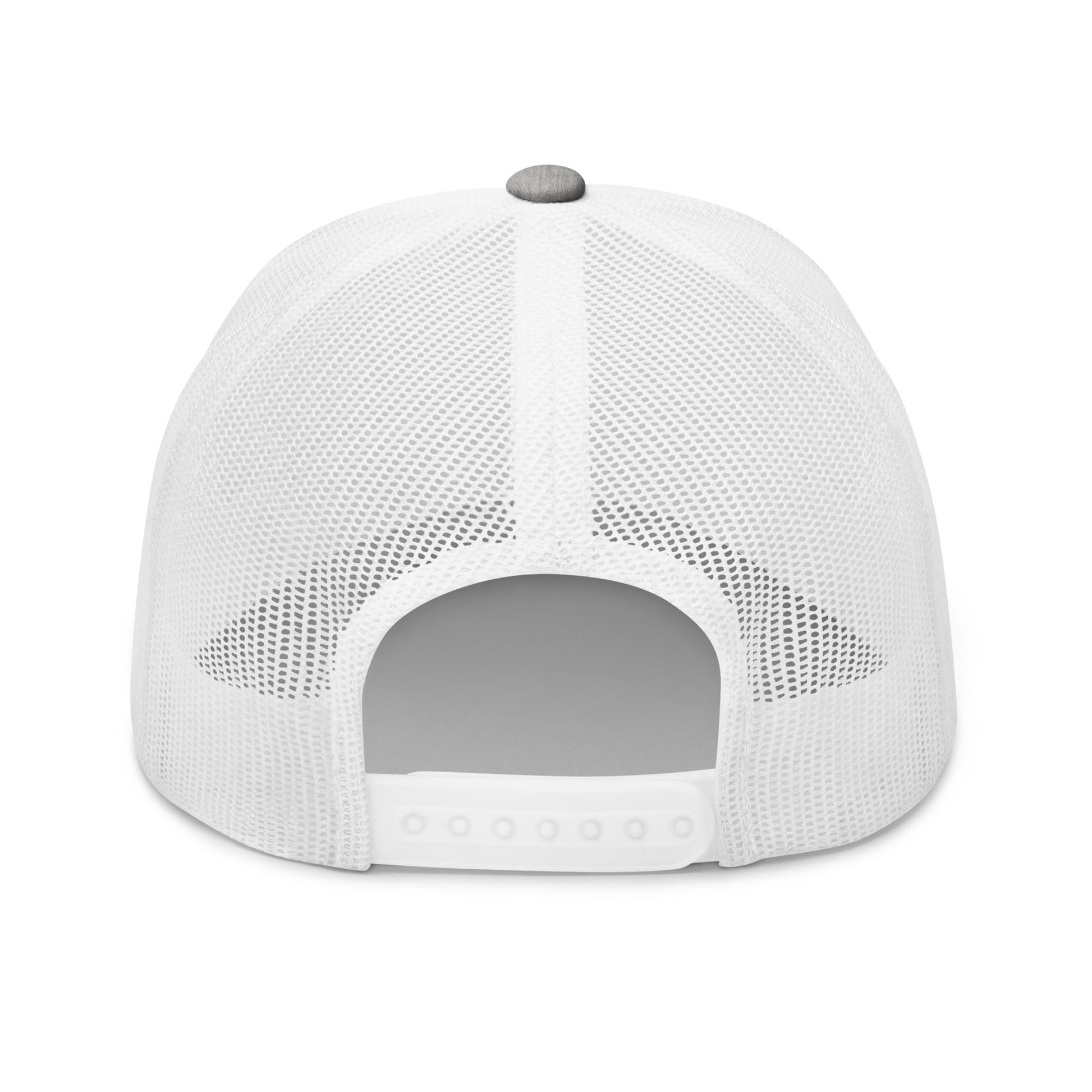 Back view of heather gray/white trucker cap, white mesh for breathable vibes and snap adjuster