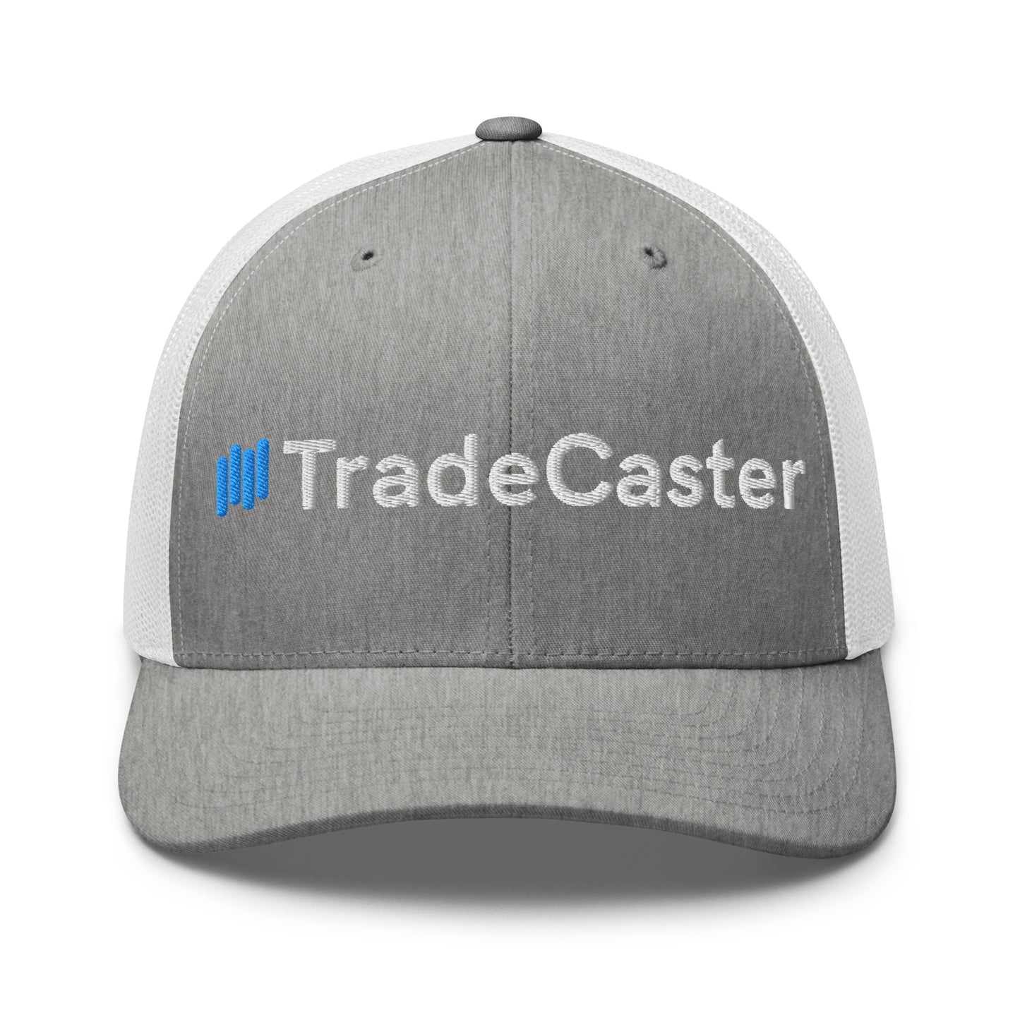Front view of heather gray TradeCaster trucker cap, white "||TradeCaster" embroidery with blue bars