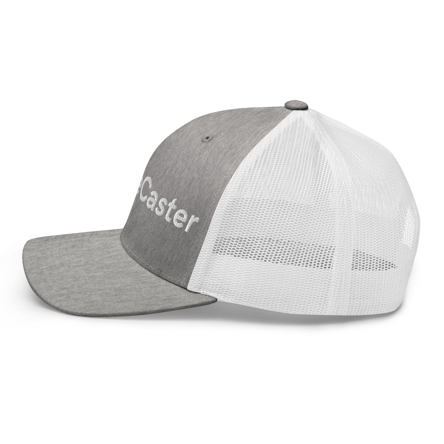 Right side view of heather gray/white trucker cap, puffy "Caster" embroidery and pre-curved visor