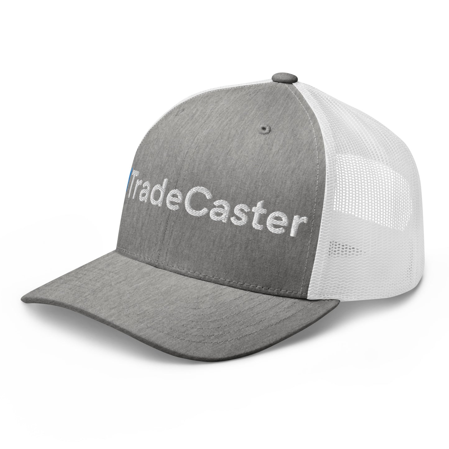 Side profile of heather gray trucker cap showing white mesh and structured crown