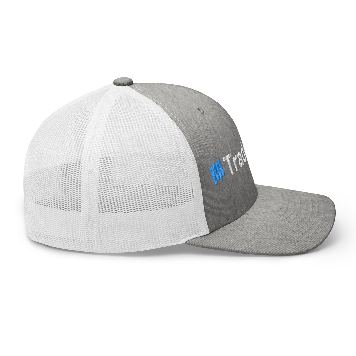 Left-side angle of heather gray TradeCaster cap with visible white embroidery