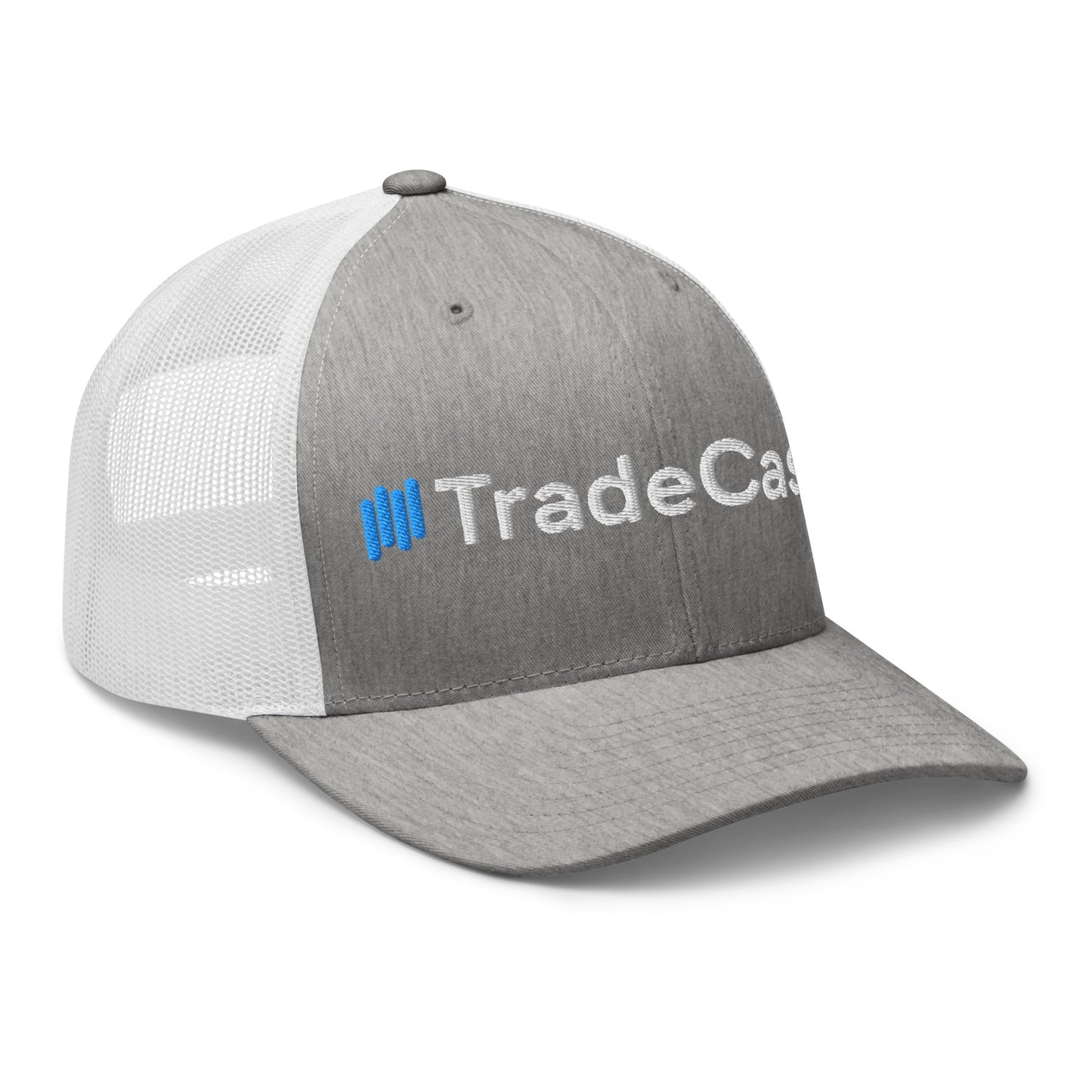 Angled close of heather gray trucker cap, blue bars and white "TradeCaster" text
